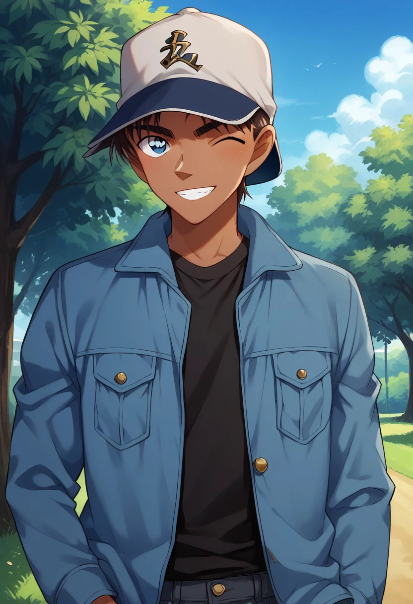 score_9, score_8_up, score_7_up, source_anime, highly detailed,  
heijihattori, solo, 1boy, hat, male focus, dark skin, blue eyes, jacket, dark-skinned male, pants, black shirt, upper body, brown hair, standing, shirt, baseball cap, looking at viewer, reverse cap, smile, wink
outdoor, sky, tree