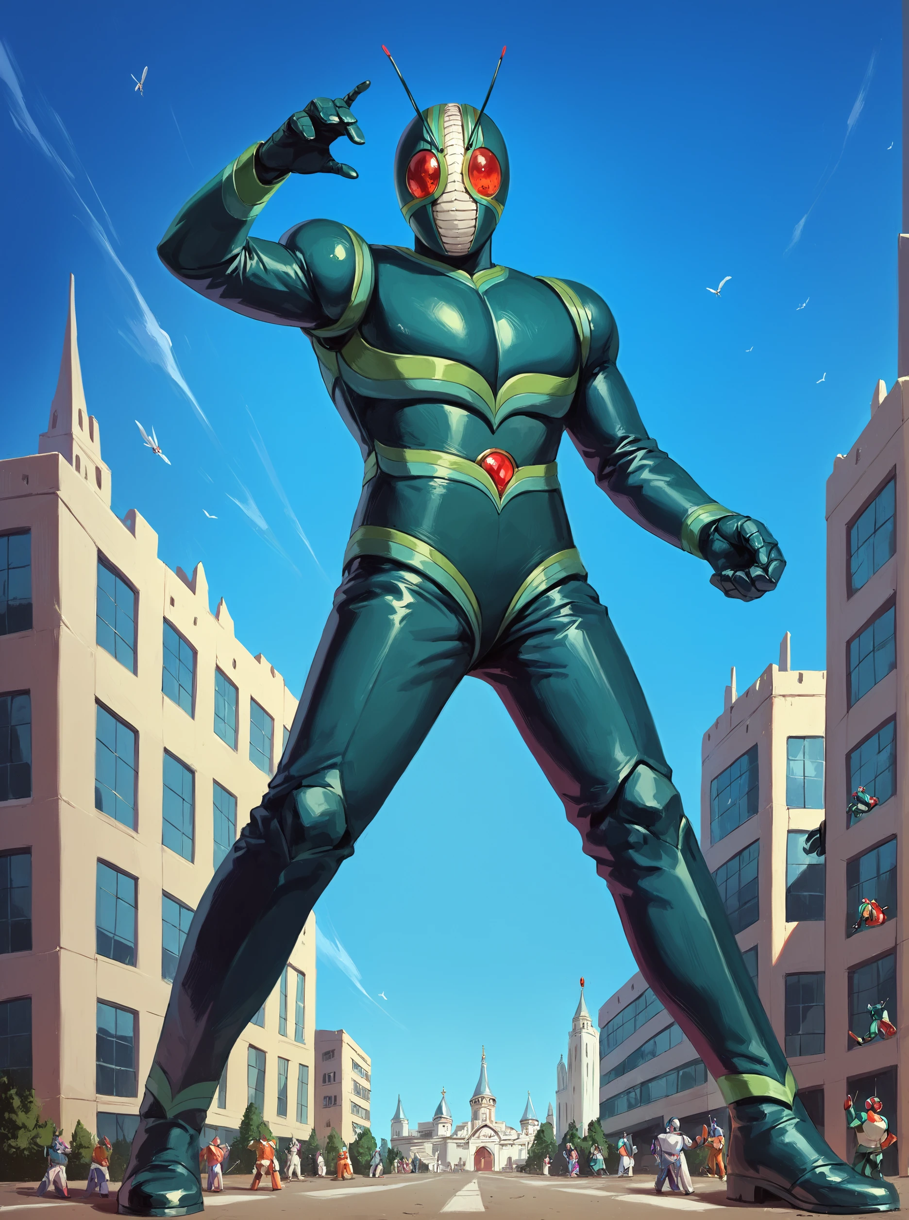 score_9, score_8_up, score_7_up, source_realistic, masterpiece, (masterpiece, best quality, high quality, ultra-detailed) kamen rider, 1boy, solo, male focus, antennae <lora:sn0wStyle:1> <lora:HKHorrorXL:1>,  outdoor, , dynamic pose,  <lora:Kamen_rider_J_1994:1>, giant, bigger then building