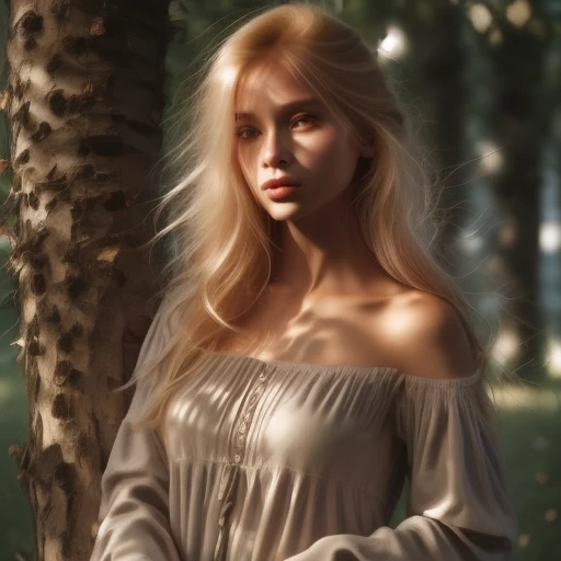 A more life-like image of a blonde girl standing next to a tree with subtle shadows and highlights on her face, dappled sunlight on her skin, a soft breeze gently moving her hair and her clothing, some falling leaves in the scene, some movement to her hair strands, some lens flare for an ethereal effect, her skin has a natural glow, with balloons and a birthday drink, her proportions are a bit bigger, and a cheerful expression to match the celebration