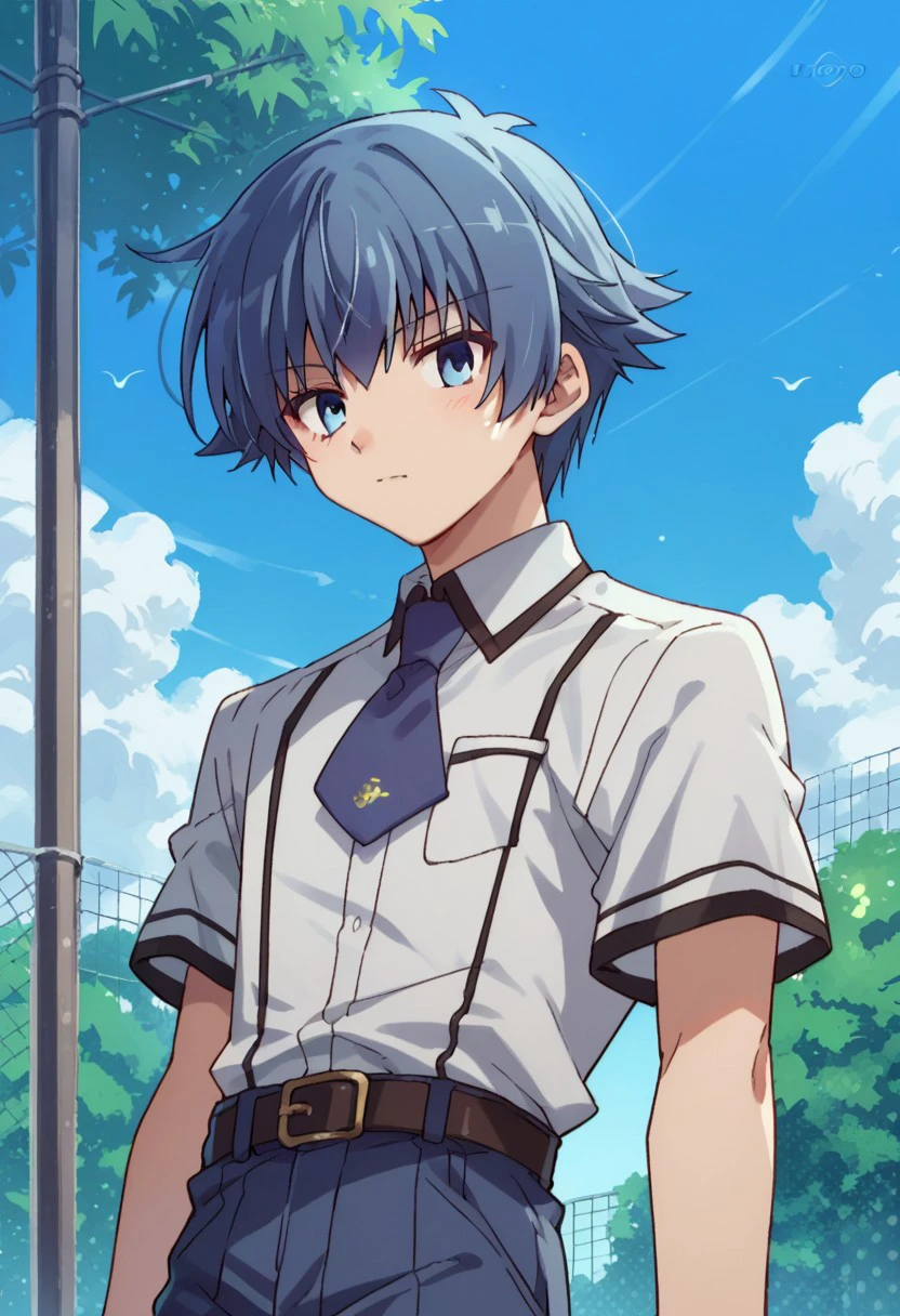 score_9, score_8_up, score_7_up, source_anime, highly detailed, 
kotatsuchiya, solo, male focus, 1boy, blue hair, blue eyes, school uniform, shirt,
white shirt, necktie, blue necktie, short sleeves, pants, blue pants, belt, upper body
outdoor, sky, tree