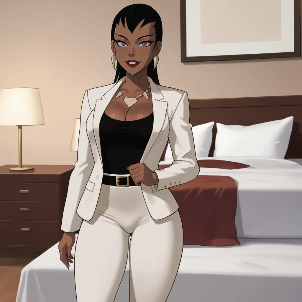 <lora:vixendcau_pony_v1:.8>VixenSuit, 1girl, very dark skin, large breasts, dark-skinned female, jewelry, earrings, black hair, necklace, white pants, black belt, cleavage, formal, red eyes, makeup, black shirt, white jacket, suit, lipstick, open clothes, cowboy shot