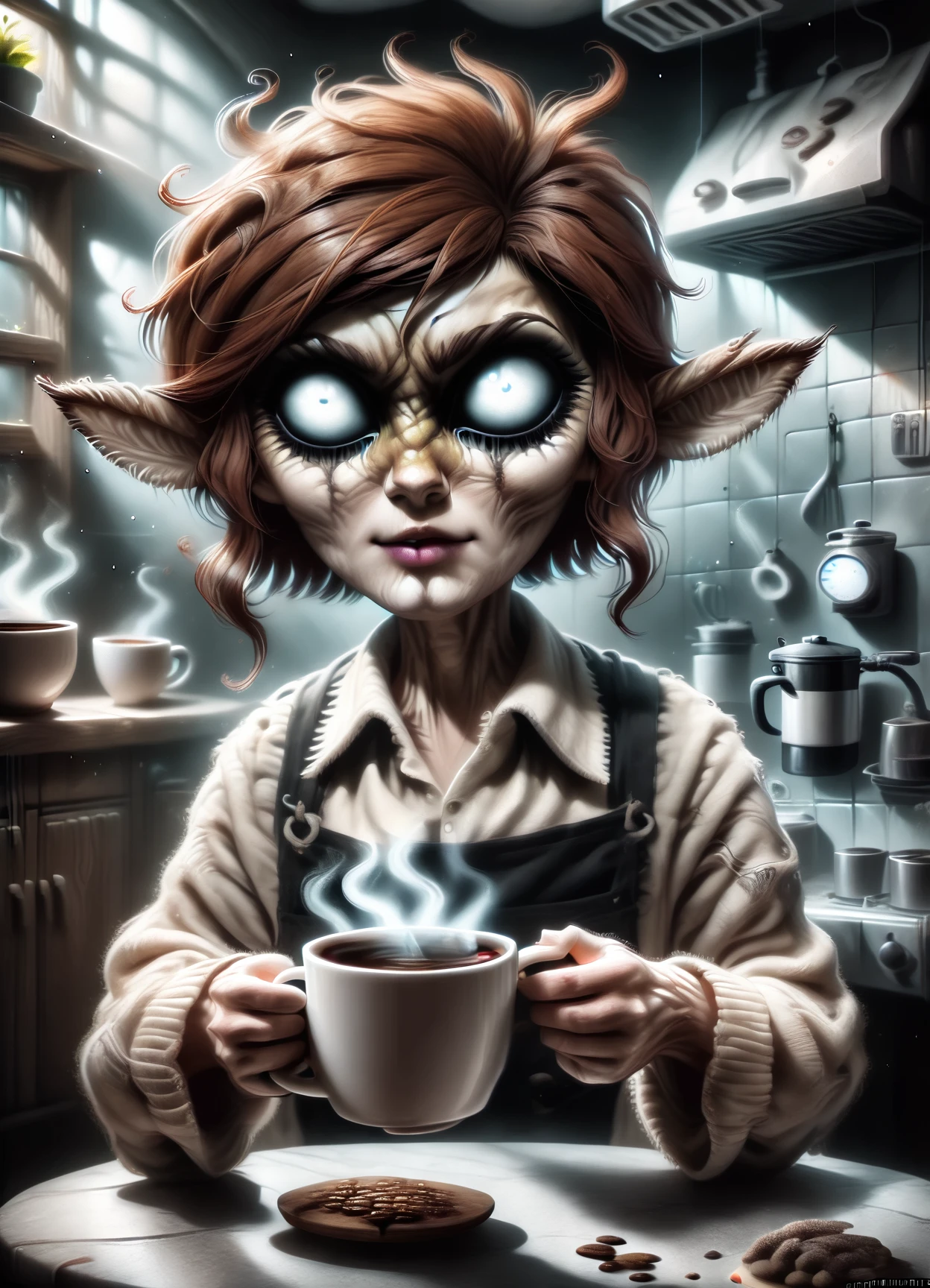 DonMF41l3dH34l7hXL, score_9, score_8_up, score_7_up, score_6_up, faun, coffee spirit, transparent Ethereal entity embodying the essence of coffee, aroma of freshly brewed coffee, eyes shimmer like coffee beans, swirls of steam, human-like form, energy, inspiration, warmth, cozy morning, kitchen, spreading comfort and alertness, accessories related to coffee culture, rising from a coffee cup, transcendental,spare,hollow,animated,unrealistic,healthcare,surreal,fervent ,  rating_safe   <lora:DonMF41l3dH34l7hXL-pony:1>