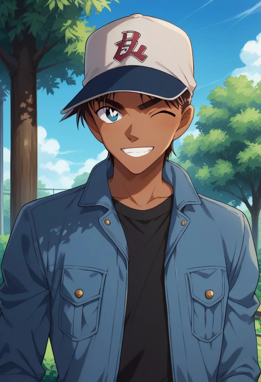 score_9, score_8_up, score_7_up, source_anime, highly detailed,  
heijihattori, solo, 1boy, hat, male focus, dark skin, blue eyes, jacket, dark-skinned male, pants, black shirt, upper body, brown hair, standing, shirt, baseball cap, looking at viewer, smile, wink
outdoor, sky, tree