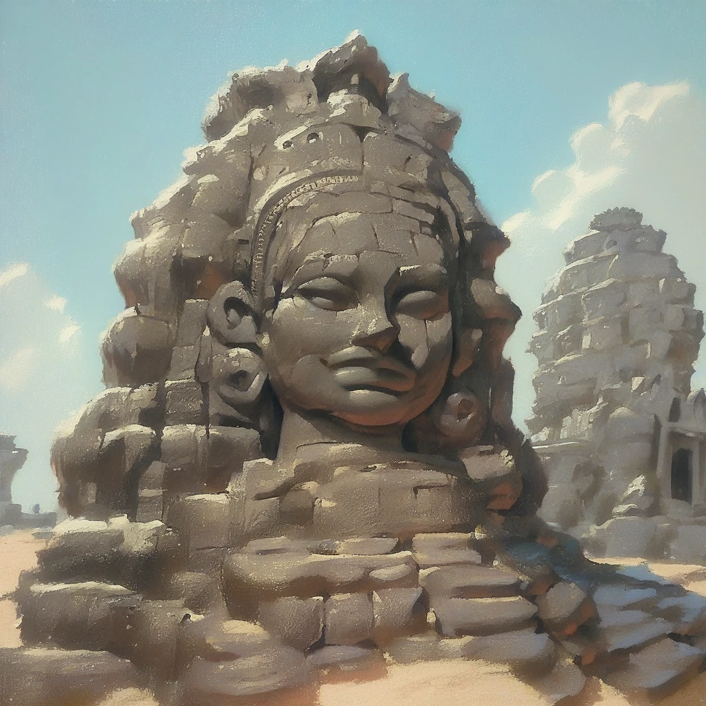 score_8, score_8_up, score_7_up, score_6_up, source_painting, traditional media, no humans, Angkol_ruins, indoors, sand, stone head, statue, flowing river of sand, fantasy,