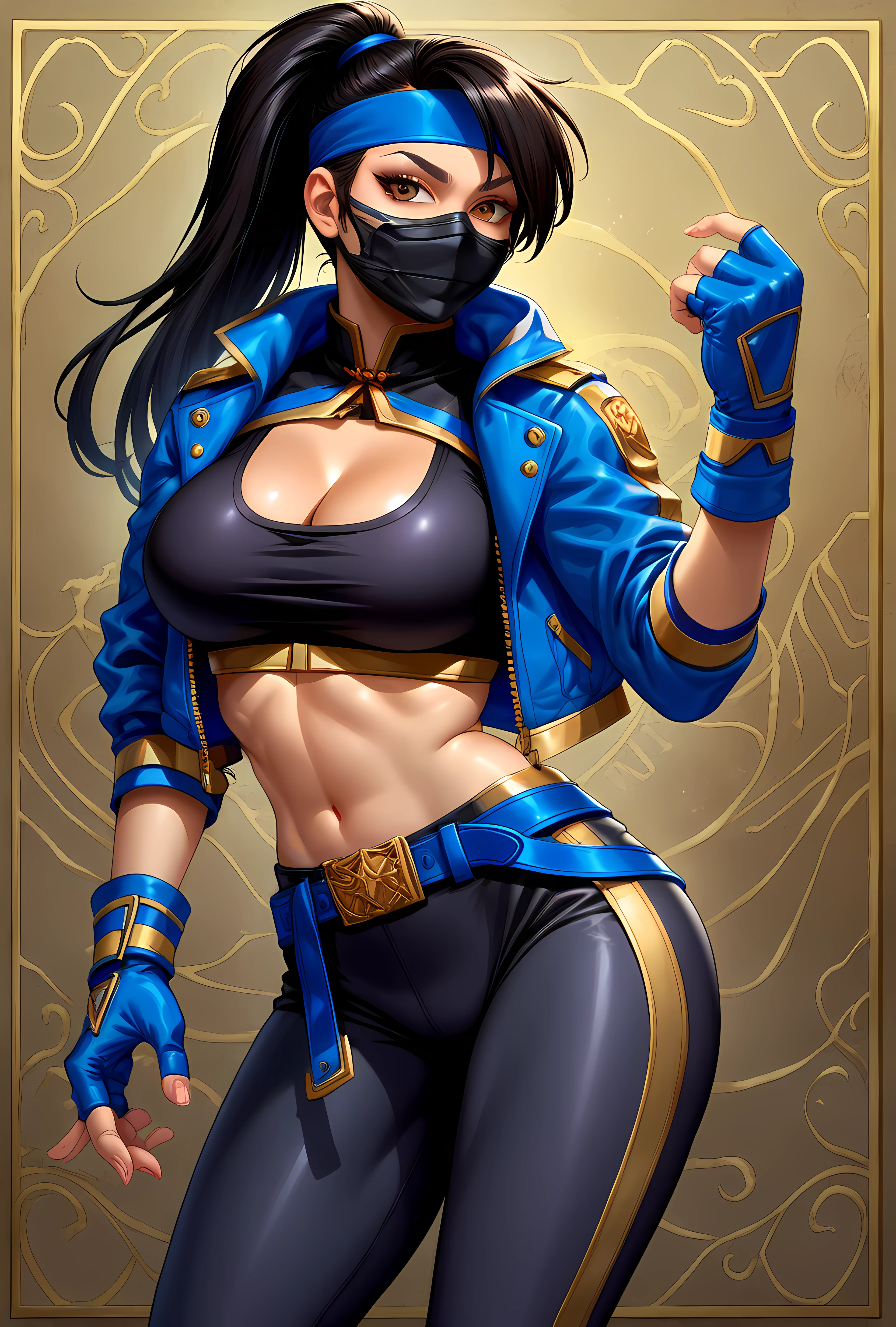 score_9, score_8_up, score_7_up, source_anime, BREAK (Masterpiece, Best Quality, Highly Detailed, Detailed Background, Cowboy Shot, Beautiful large Breasts, Perfect Eyes, Sexy Pose) , BREAK, <lora:Earthrealm Outfit Kitana_epoch_9:0.8> Mortal Kombat 1, Kitana, Official Alternate Outfit, black hair, long hair, ponytail, high ponytail, bangs, brown eyes, headband, mask, mouth mask, (Jacket, blue jacket, cropped jacket, midriff, open jacket, gold stripe, hood, lowered hood, jacket buckled at neck), (cleavage, black sports bra), (fingerless gloves, blue gloves), (blue belt, 2 belts, double belt, dual belts, black pants, skin tight pants, yoga pants, gold stripe), (blue footwear, blue sneakers), Hollywood Street, shuto uke fighting stance