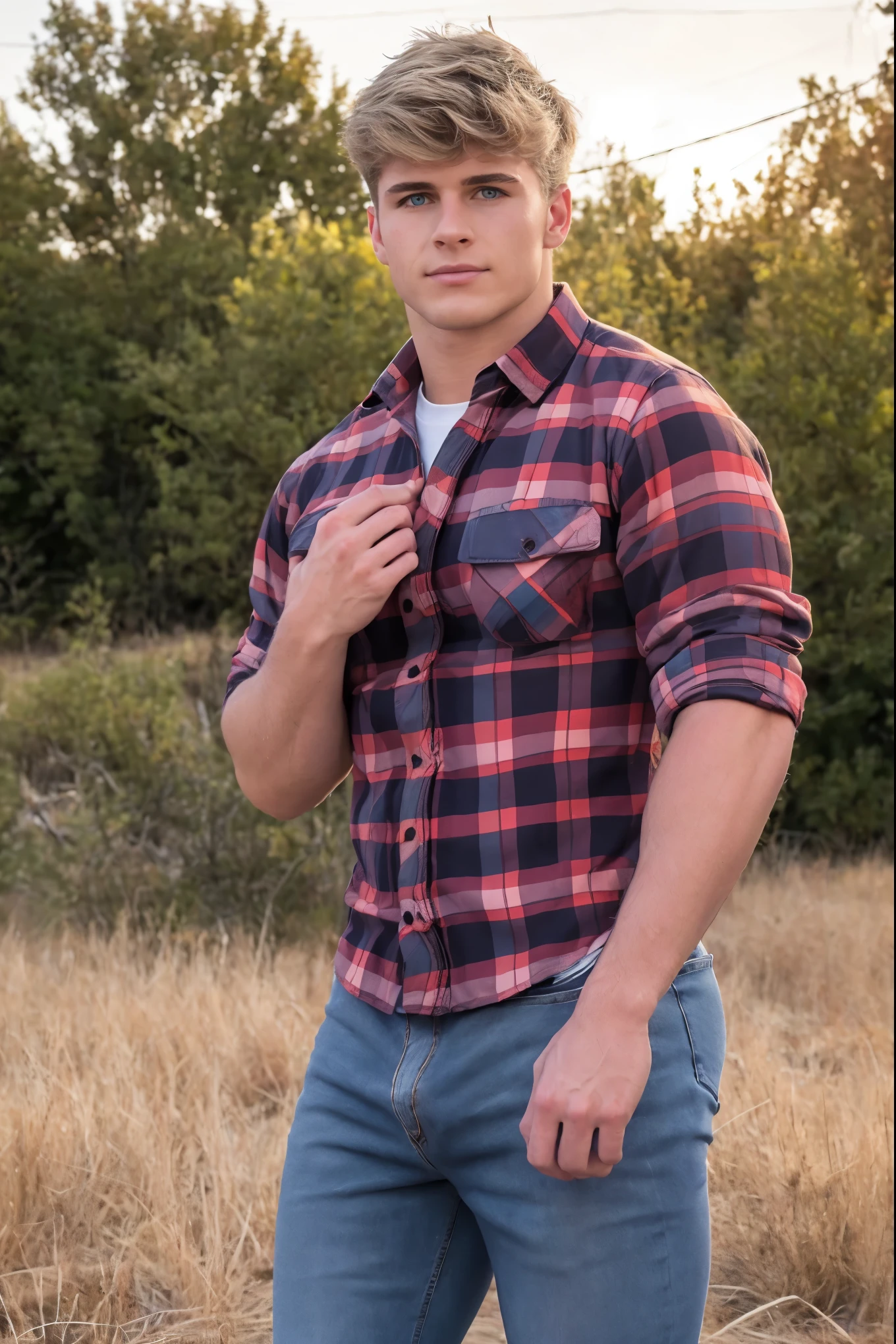 Daniel Thompson Jr, ((masterpiece)), ((best quality:1.2)), High Resolution, 8k, male focus, (ultra_realistic:1.3), (photorealistic:1.4), ((masterpiece)), ((best quality:1.2)), realistic, muscular, manly, ((wearing a tight flannel shirt:1.3)), (he is wearing denim jeans), with belt:1.4), outdoors, looking at viewer, HDR, 8K, absurdres, perfect, intricate detail, cinematic, depth of field, raw photography, short blonde hair, messy fringe, blue eyes, square jaw, solo, 1boy,