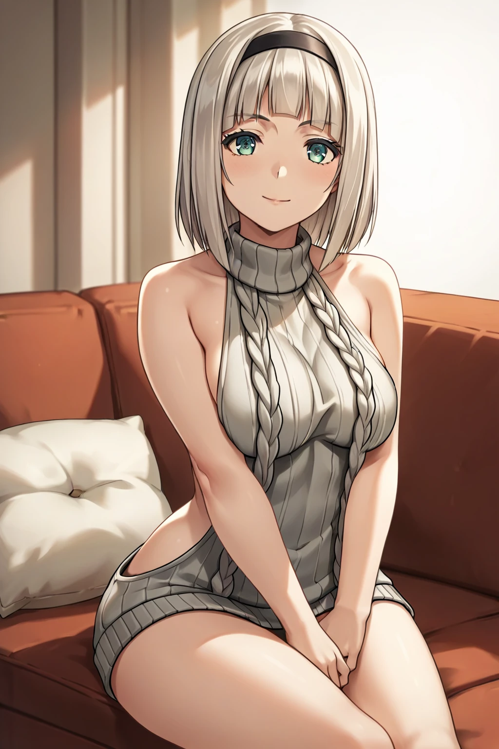 score_9, score_8_up, score_7_up, score_6_up, score_5_up, score_4_up, source_anime, rating_safe, 1girl, shimoanna, virgin killer sweater, sitting, couch