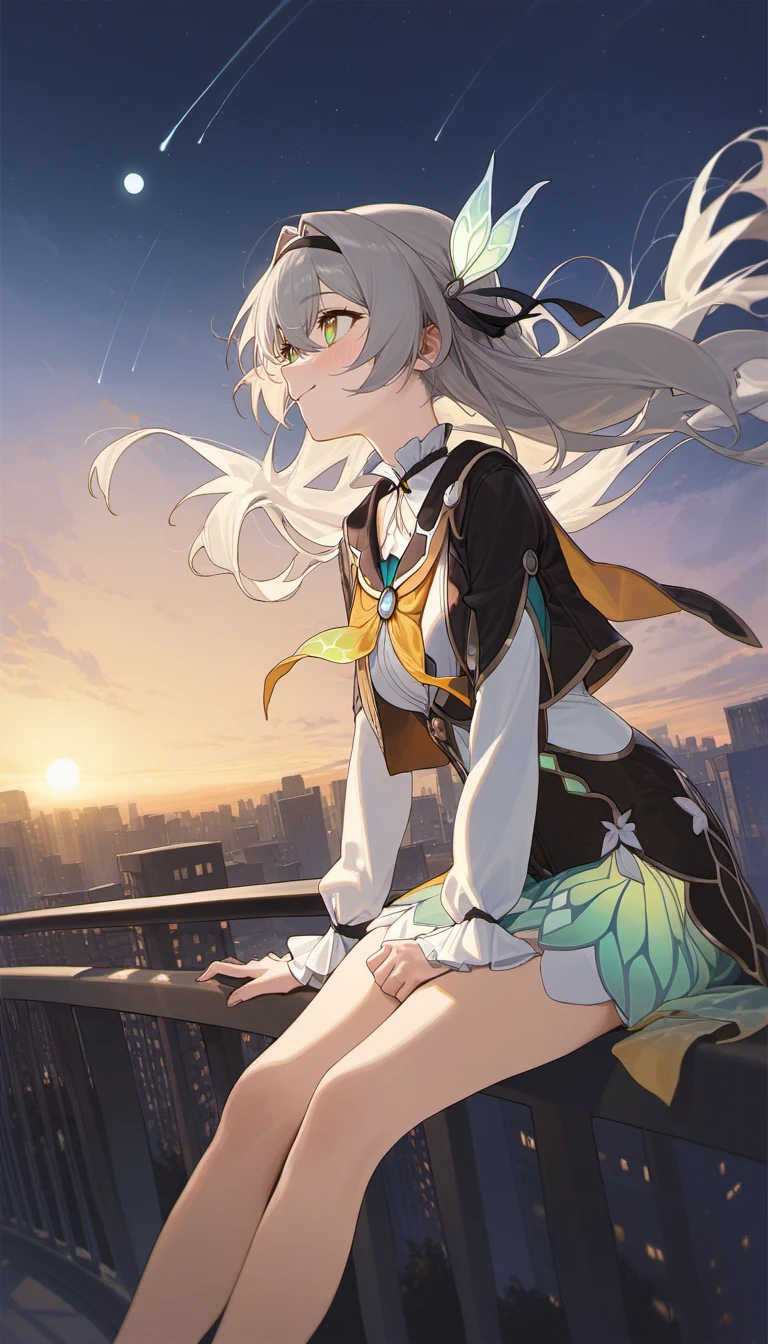 1girl, firefly \(honkai: star rail\), by airseal, [[by ame \(uten cancel\), by modare]], [[by zhili xingzou]], against railing, (lens flare), blush, from above, building, cloud, cloudy sky, cropped jacket, dawn, feet out of frame, floating clothes, floating hair, gold trim, grey hair, hair intakes, hair ribbon, hand on railing, looking afar, night sky, on railing, outdoors, shooting star, sitting, smile, solo, star \(sky\), sun, sunlight, white shirt, wind, yellow neckerchief, detailed, cinematic angle, very aesthethic, amazing quality, best quality, absurdres
