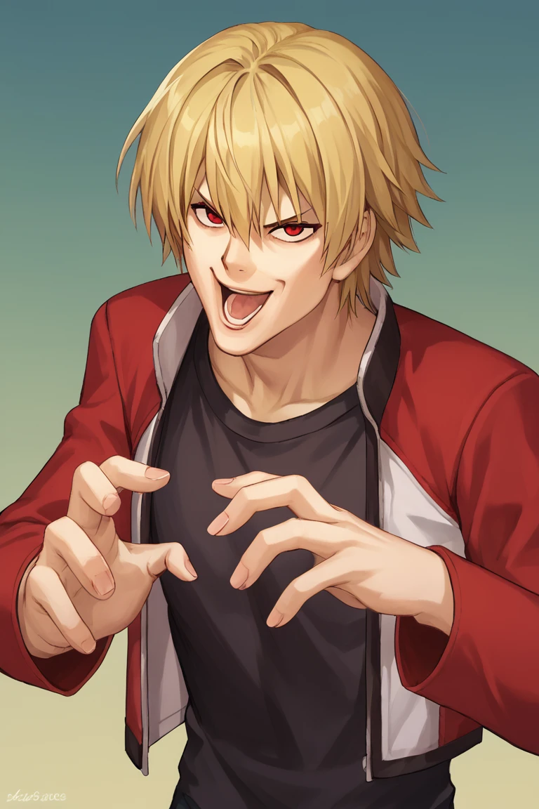 score_9, score_8_up, score_7_up, score_6_up, masterpiece, best quality, amazing quality, best aesthetic, absurdres, intricate details,
 Joey_Chin_B, open mouth, HANDS UP, OPEN HAND, solo, rock howard,blonde hair, red eyes, red jacket, black shirt<lora:EMS-453896-EMS:0.700000>, <lora:EMS-367048-EMS:1.000000>