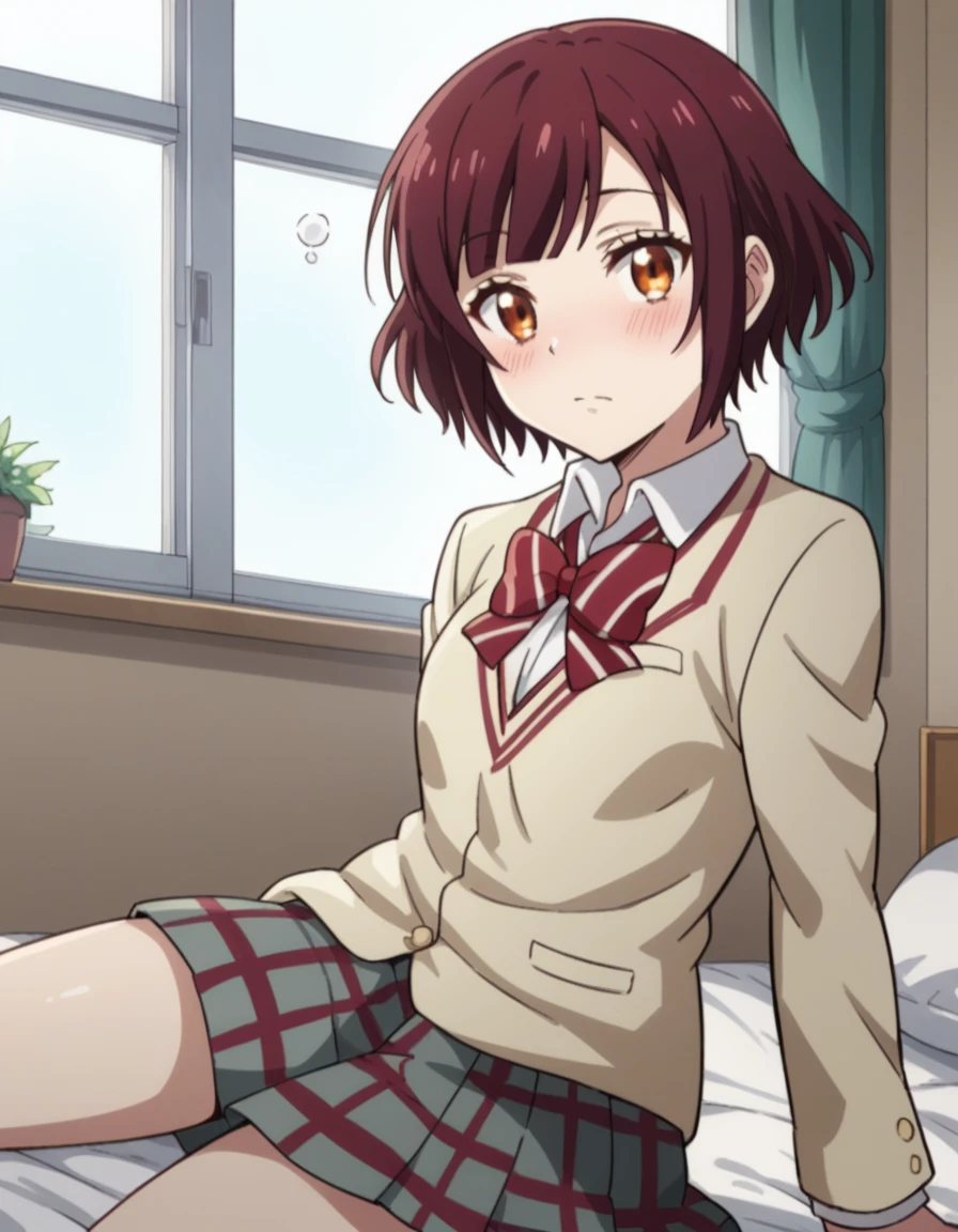 score_9, score_8_up, score_7_up, source_anime, <lora:miyabi-itou-s1-ponyxl-lora-nochekaiser:1>, miyabi itou, short hair, brown hair, brown eyes,, skirt, bow, school uniform, jacket, pleated skirt, plaid, plaid skirt, blazer,, indoors, bed, bed room, on side, blush, drunk, looking at viewer, solo,, cowboy shot, dutch angle