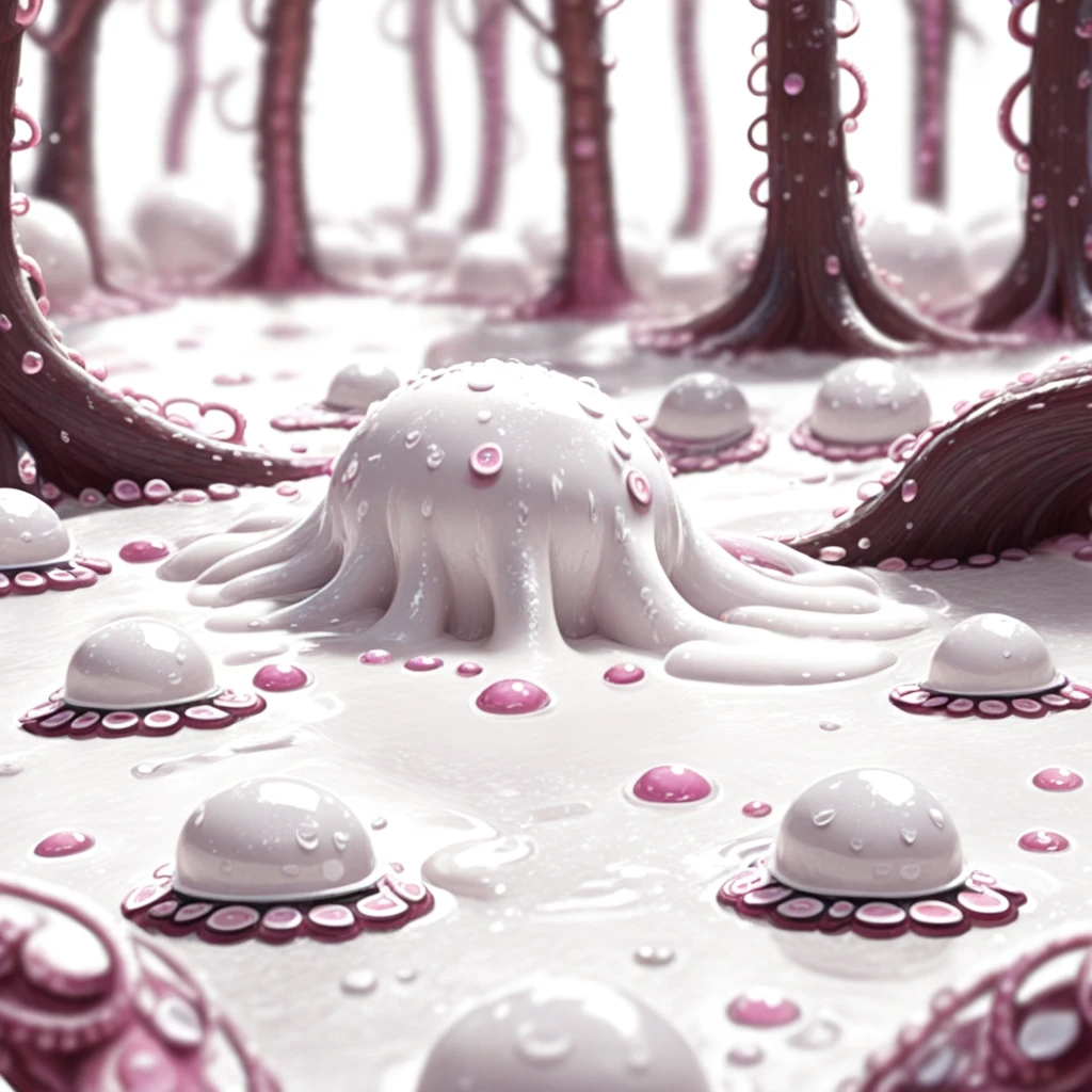 blurry, wet, white_slime, white background, lying, no humans, closed eyes, heart, gradient, 6+others, suction cups, cumbath, tree