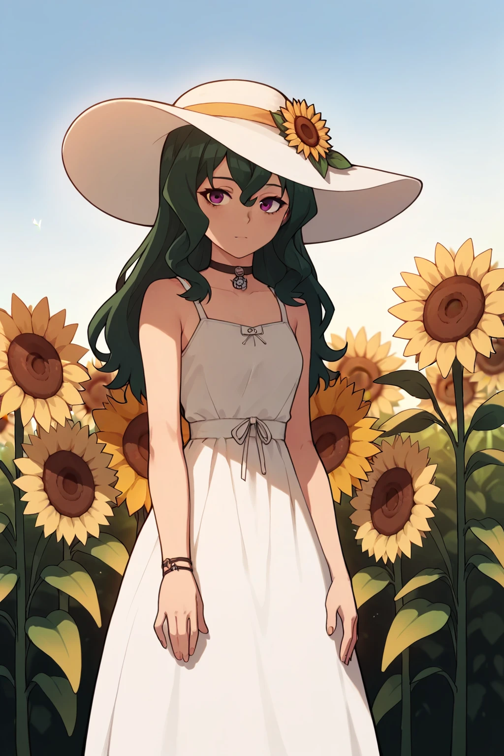 score_9, score_8_up, score_7_up, score_6_up, score_5_up, score_4_up, source_anime, rating_safe, 1girl, hyoukafuwa, sundress, sun hat, sunflowers, sunny