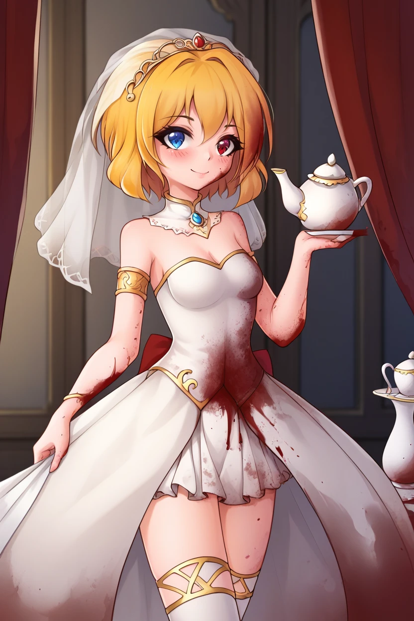 score_9, score_8_up, score_7_up, masterpiece, best quality,    <lora:AriSanStylePony:1>, 
arisan_style, 1girl, solo, blush, smile, short hair, blue eyes, blonde hair, red eyes, thighhighs, dress, white dress, white thighhighs, cup, blood, heterochromia, veil, teacup, blood on face, arrow \(projectile\), blood on clothes, teapot, object through head