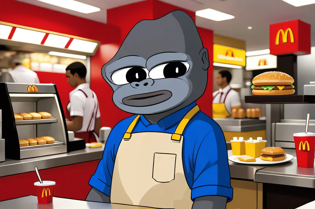  ((monke, gorilla character, monke_boy, bald, solo, 1boy, blue shirt)), comic book effect, ((McDonalds, working uniform, apron, red and yellow uniform, behind counter, sad, sleepy)), interior,  (((McDonalds))), ral-vxl