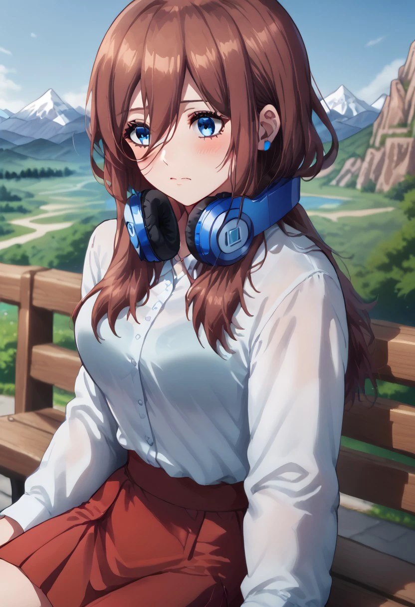 miku nakano,demomload armor, long hair, bangs, blue eyes, brown hair, hair between eyes, headphones, headphones around neck, wearning red skirt with black top, shirt skirt, fashion, sitting on a bench, mountains range, evening time, complex background