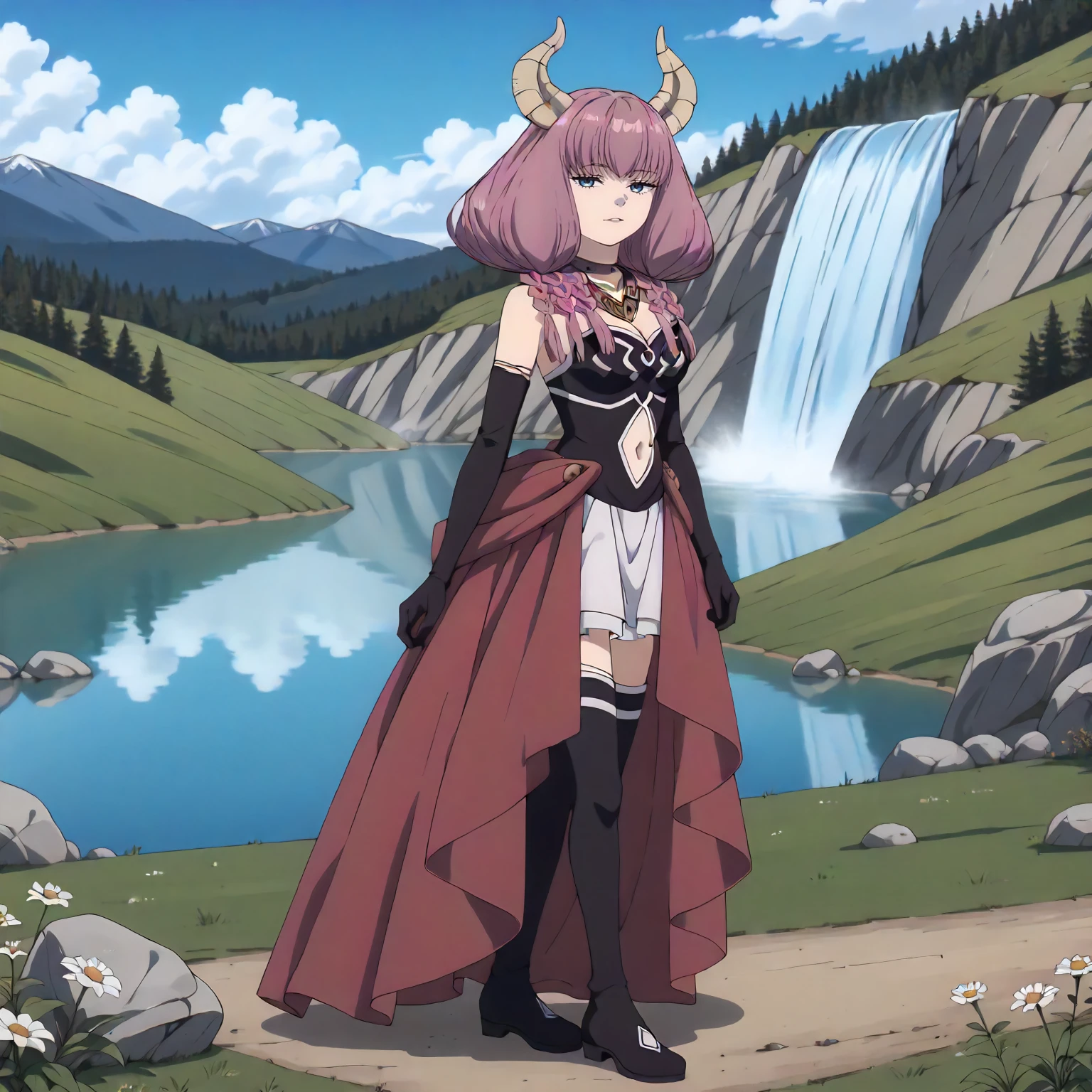 <lora:FBJE_TheGuillotineAuraXLpony009>,
outdoors,nature,grassland,grass,plant,mountain,lake,blue sky,cloud,natural light,waterfall,fog,
looking at viewer,half-closed eyes,
solo,
TheGuillotineAura,1girl,pink hair,horns,multiple braids,blue eyes,
bare shoulders,cleavage,
choker,necklace,
dress,navel cutout,navel,
black elbow gloves,
red long skirt,white mini skirt,
zettai ryouiki,
thigh boots,
full body,standing,from side,