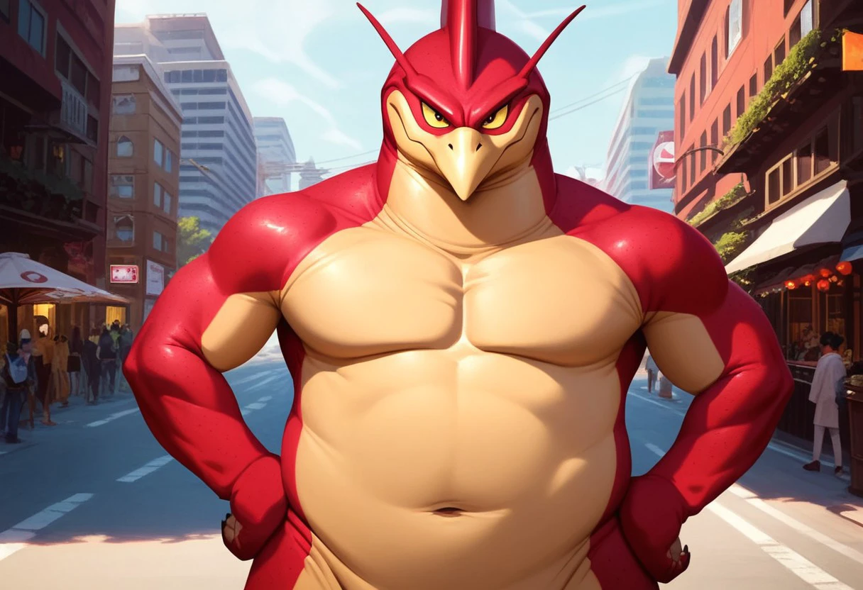 score_9, score_8_up, score_7_up, 1boy,, solo,  Expressiveh, (RageShenron) male dragon, anthro, slightly chubby, beak, red body, red scales, tan body, tan scales, two tone body, two tone scales, red eyes, yellow sclera), male focus, cowboy shot, hands on hips, tokyo, streets, levitating, detailed background, 4k, masterpiece, best quality, highly detailed, realistic