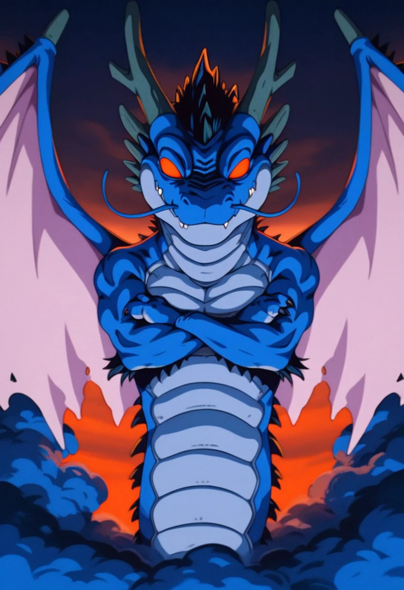 score_9, score_8_up, score_7_up, solo 1girl, Expressiveh, (BlackSmokeShenron, male dragon, wings, blue body, blue scales, red eyes, no pupils, horns, fangs, arms crossed, eastern dragon, wings), 3 fingers, looking at viewer, smile, closed mouth, macro, sky, blue smoke, flying, detailed background, looking at viewer, 4k, masterpiece, best quality, highly detailed, realistic