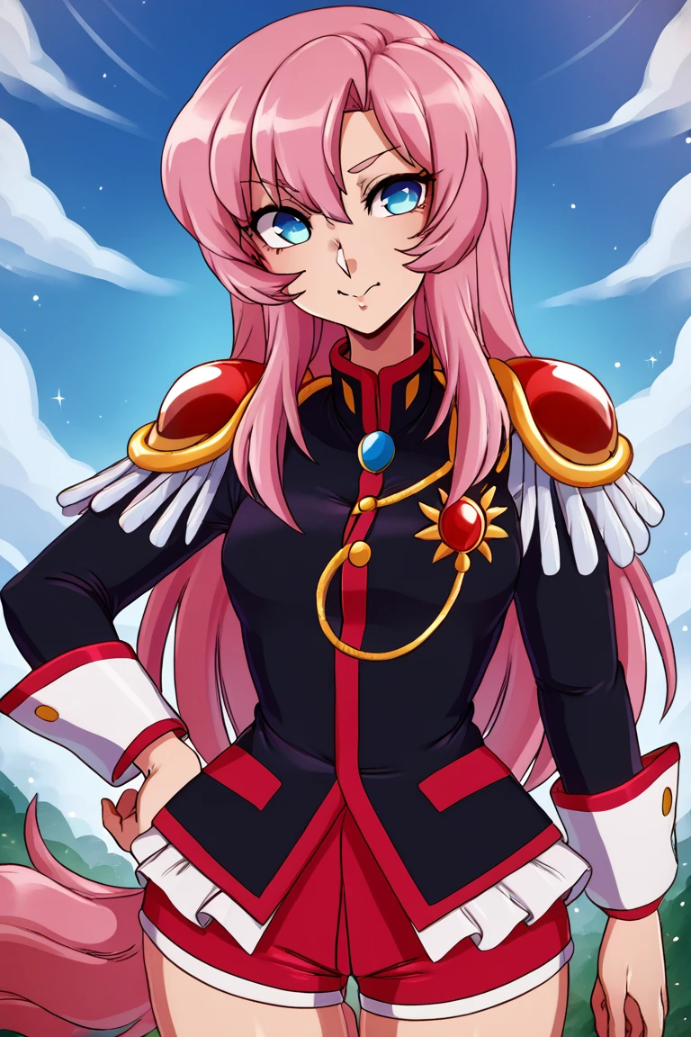 score_9, score_8_up, score_7_up, BREAK, 1girl, solo, utena, black dress, short dress, red shorts, epaulettes, aiguillette, cowboy shot, by <Merunyaa><lora:EMS-453773-EMS:1.000000>, <lora:EMS-322220-EMS:1.000000>