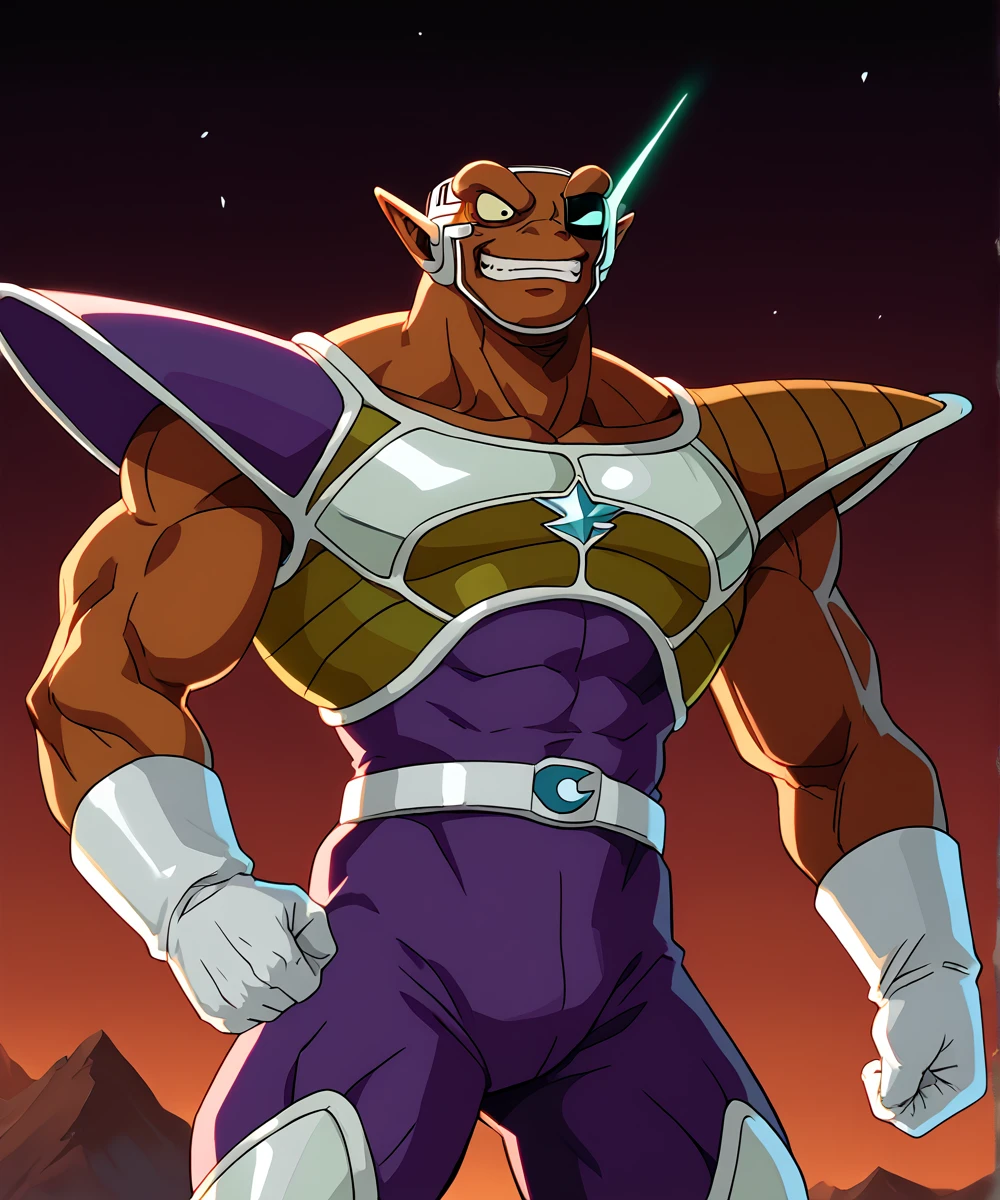 score_9, score_8_up, score_7_up,
<lora:Neiz_(Dragonball_Z)_(Pony)_(AD):1> Neiz, muscles, muscular, purple skin tight bodysuit, light green chest armor, white gloves, white boots, Dragonball Z, single lensed scouting device, brown skin, male focus, 1boy, armor, 
8K, In'ei, hiaroscuro, anime style, 8K CGI anime, depth of field, rim lighting,
perfect hands, perfect proportions, powerful sexy muscular body, long body, 
alien planet, frozen wasteland, black night sky, dark black sky, dead ice planet with monumentally tall mountains, anime style dark background, evil villain, indomitable, extreme perspective, powerful and mighty warrior, skin tight faux leather purple bodysuit, brown skin, brown body, light green glistening chest armor, single lensed scouter covering one eye with a single form clear green lens, elite warrior, Cooler corps member, genetically enhanced super soldier, supervillain, flawless unbeatable fighter,  ((captain of the Cooler Force, cape, )), 
BREAK zPDXL, zPDXLxxx,