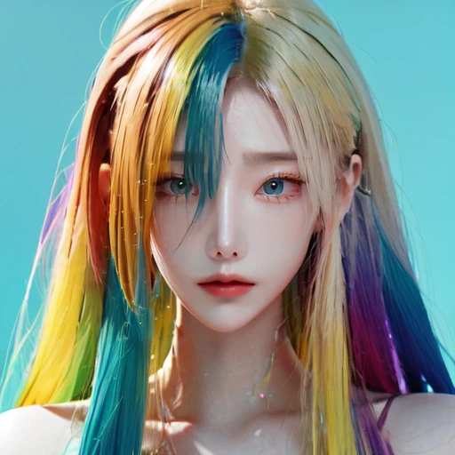 highly insanely detailed, masterpiece, top quality, best quality, highres, 4k, 8k, RAW photo, (very aesthetic, beautiful and aesthetic),  
<lora:tsukishimakeia:1>, 
(1girl:1.3), eyes focus, 
(chestnut hair,yellow hair,rainbow hair,Iridescence hair,streaked hair), 
(pure cyan background,transparent background:1.2), 
âââ