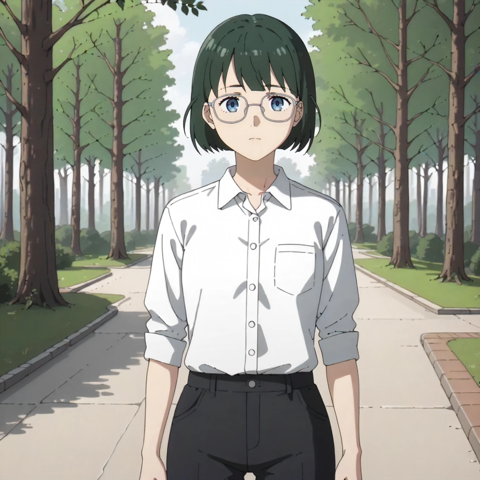 <lora:FBJE_receptionisXLpony001>,
outdoors,nature,
solo,
receptionis,1girl,green hair,short hair,blue eyes,eyewear,
white shirt,collared_shirt,
standing,