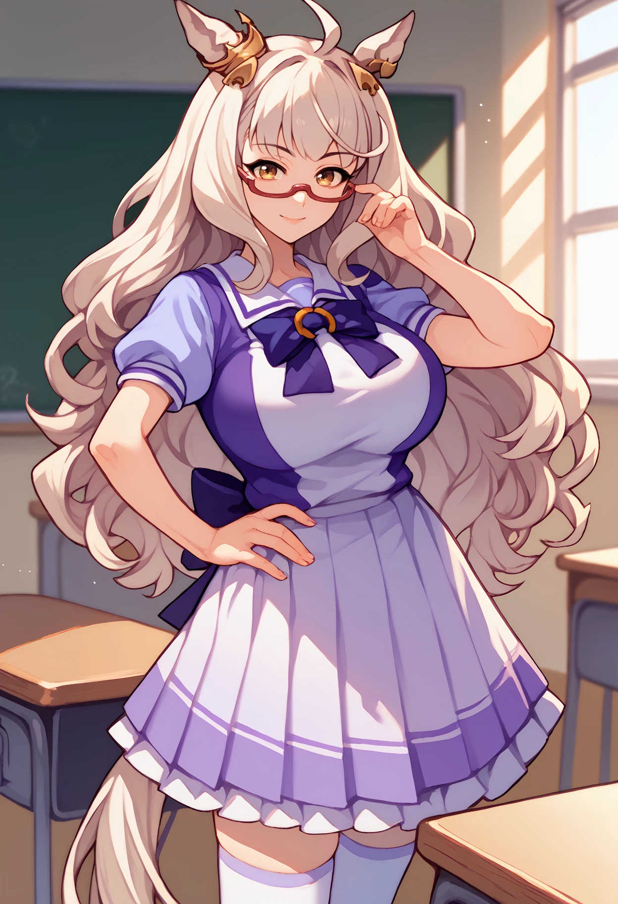 score_9, score_8_up, score_7_up, score_6_up, source_anime, solo, 1girl, biwa hayahide, horse tail, smile, looking at you, standing, hand on own hip, ahoge, hair ornament, animal ears, ear ornament, glasses, semi-rimless eyewear, summertracen, tracen school uniform, purple shirt, purple bow, horseshoe ornament, puffy short sleeves, white skirt, white thighhighs, large breasts, indoors, classroom
<segment:yolo-face_yolov8m.pt,0.4,0.5>