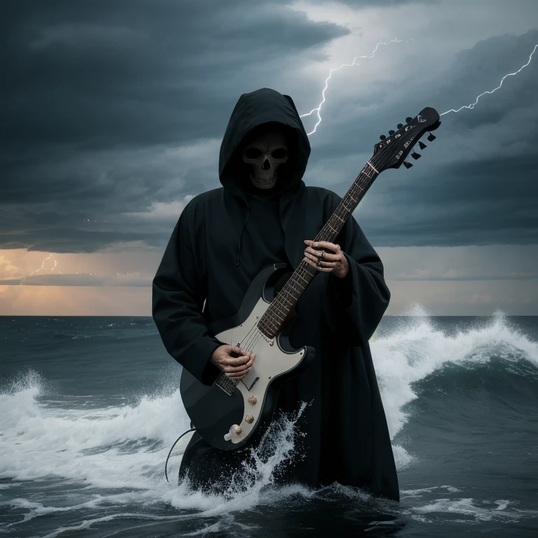 UHD, 4k, ultra detailed, cinematic, a photograph of  <lora:Grim Reaper style SD1.5:1>
Grim Reaper a man in a hooded jacket playing a guitar, horror movie themed, sharp, detailed, epic photography, artistic, creative, dramatic light, cinematic style, film style, Grim Reaper style, 1boy, sky, cloud, hood, water, ocean, cloudy sky, instrument, rock, music, guitar, playing instrument, waves, lightning, holding, standing, male focus, outdoors, hood up, holding instrument, giant
, epic, beautiful lighting, inpsiring