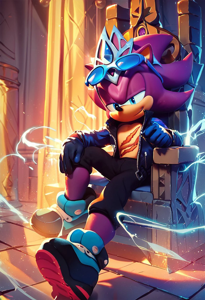 score_9, score_8_up, score_7_up, score_6_up, Super Scourge, solo, male, sunglasses, shoes, jacket, gloves,  eyewear on head, scars, headpiece, aura, royal throne, indoors, castle