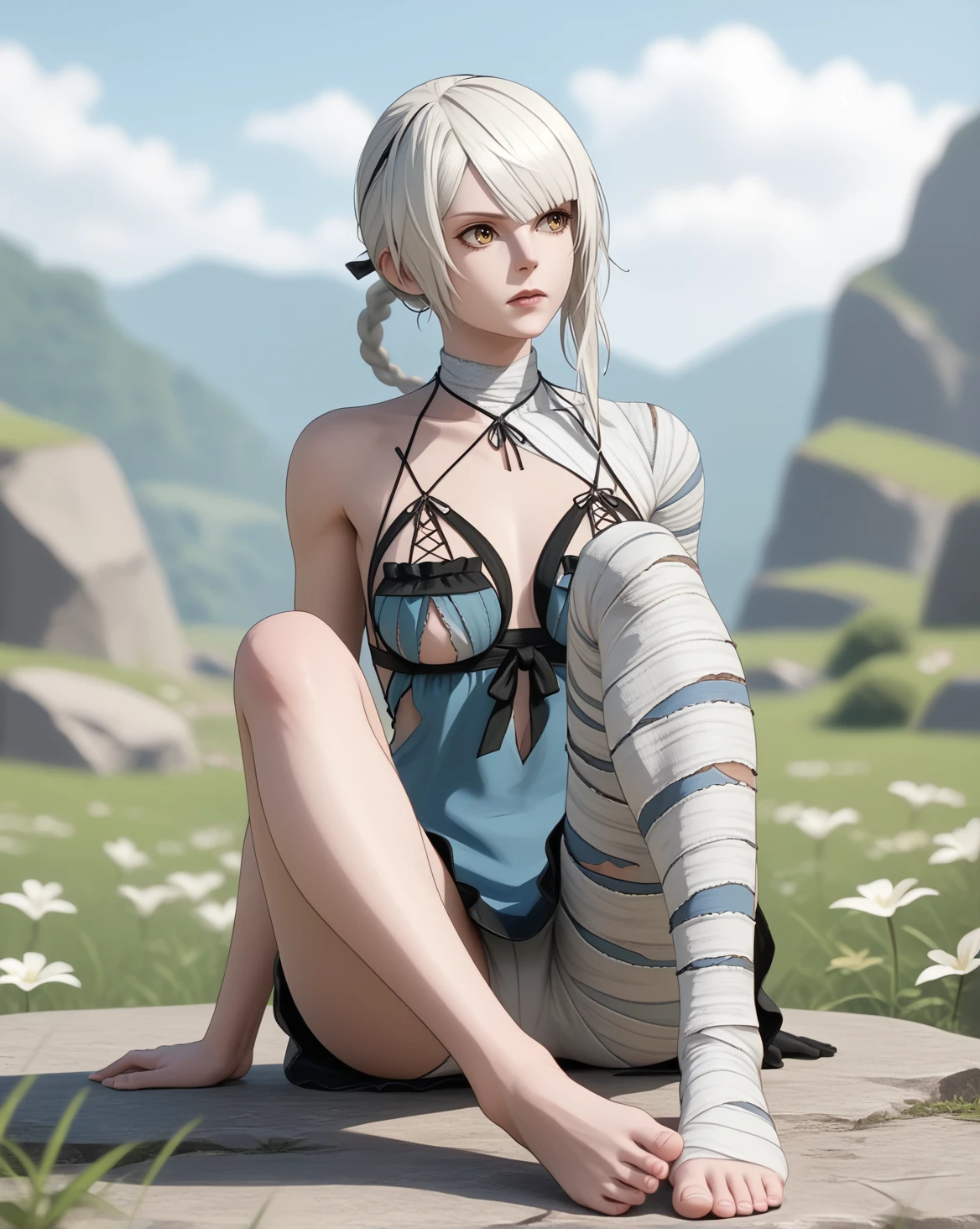 <lora:Kaine (Nier) v2 :1>, kaine (nier), 1girl, solo, sitting, looking away, one bandaged leg, outdoors, depth of field, bare feet,