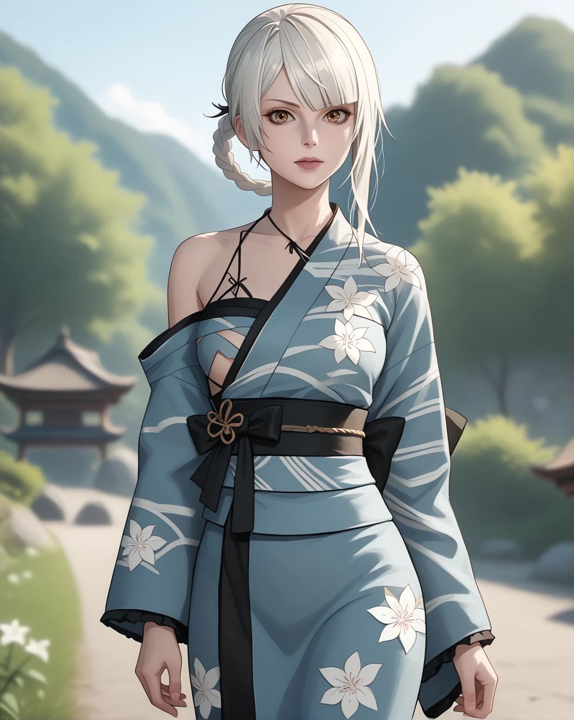 <lora:Kaine (Nier) v2 :1>, kaine (nier), 1girl, solo, kimono, outdoors, depth of field