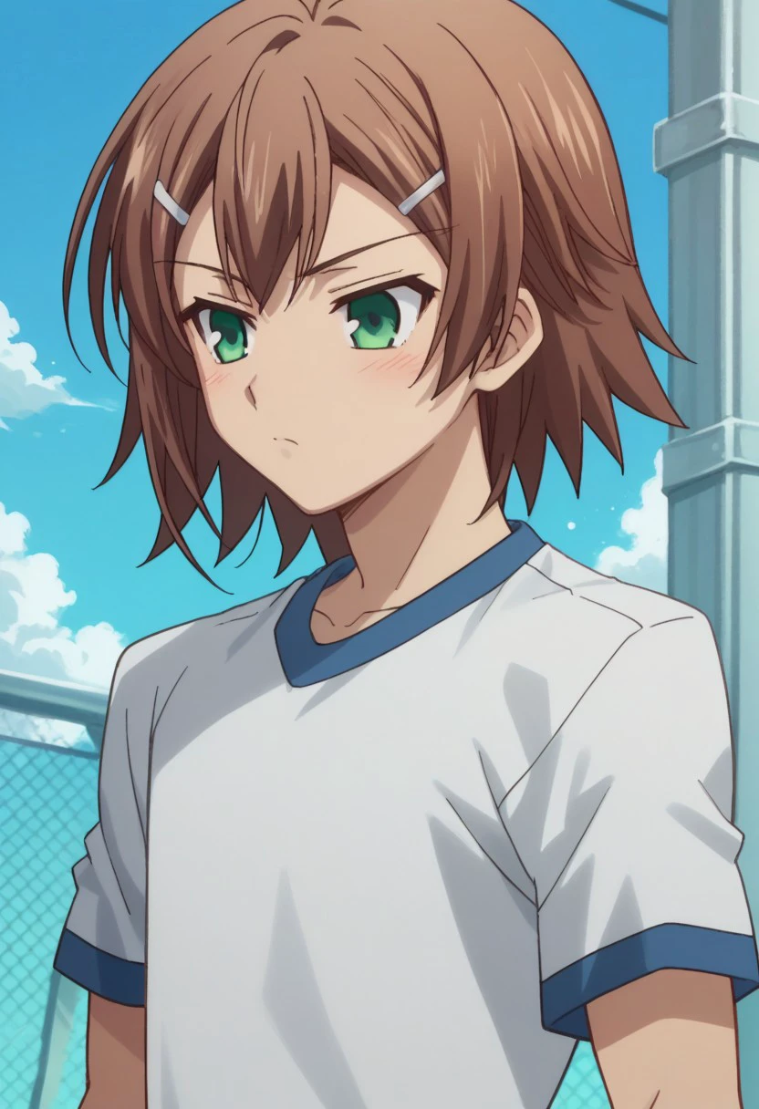 score_9, score_8_up, score_7_up, source_anime, highly detailed, 
kinoshita, 1boy, solo, male focus, brown hair, green eyes, hair ornament, hairclip, gym uniform, t-shirt, upper body
outdoor, sky,