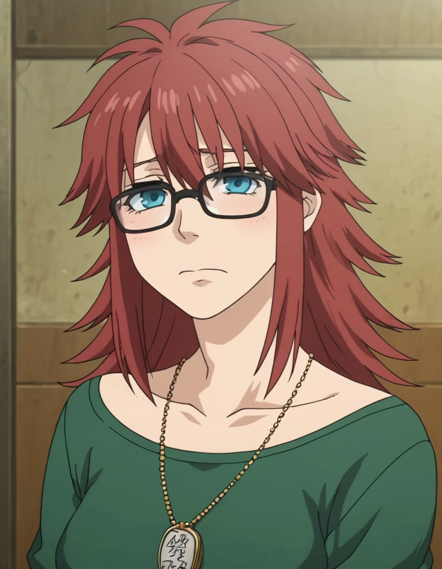 score_9, score_8_up, score_7_up, score_6_up, score_5_up, score_4_up, BREAK source_anime, anime screencap, <lora:GingerGangstaXL-06:1> GingerGangstaXL, glasses, solo, anime coloring, 1girl, jewelry, necklace