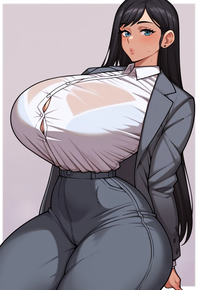 score_9, score_7_up BREAK 1girl, female, huge breasts, wide hips, thick thighs, shoulder length hair, black hair, center part, gray blazer, white shirt, gray pants, expressionless, business attire, cheekie0 style <lora:cheekie0:1>