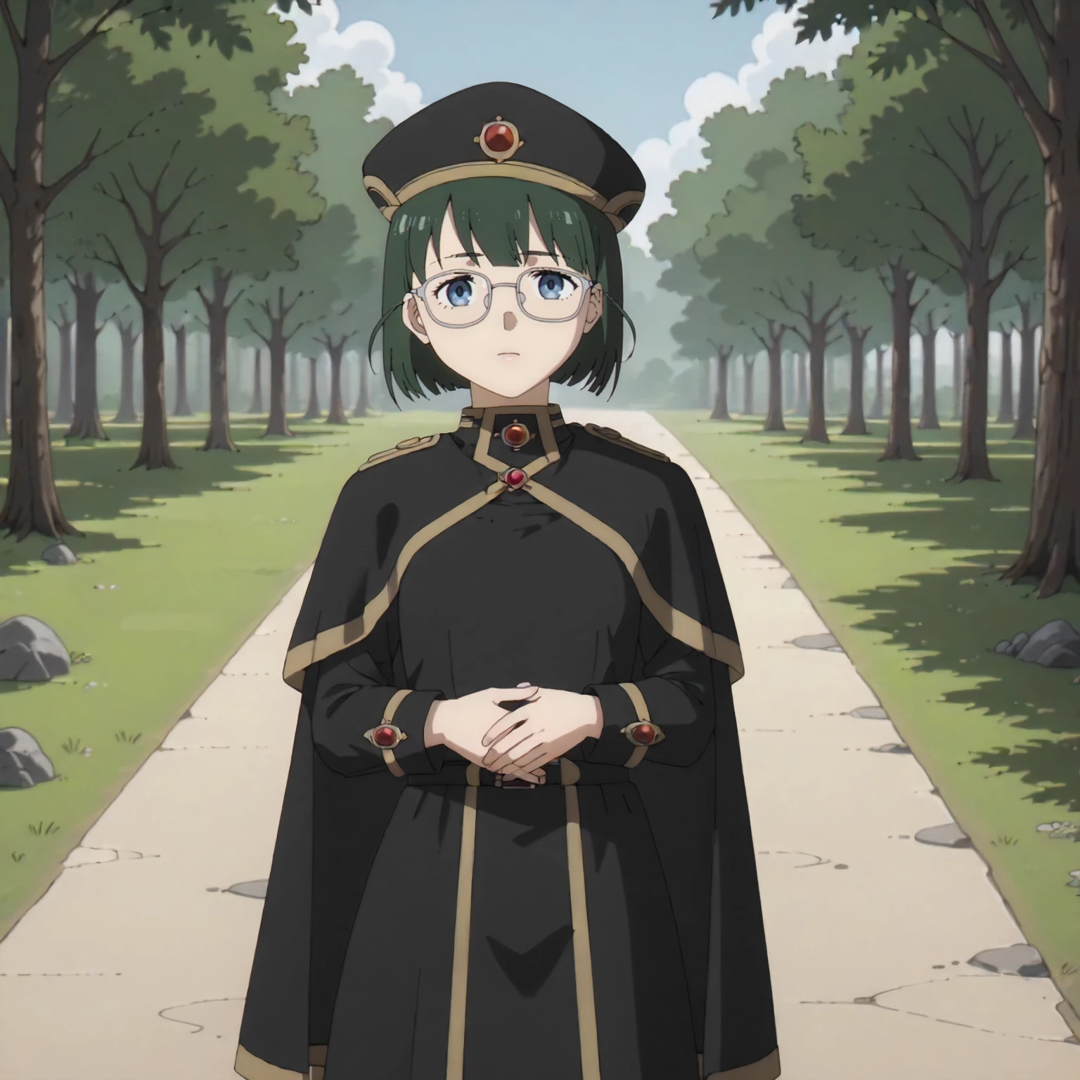 <lora:FBJE_receptionisXLpony001>,
outdoors,nature,
solo,
receptionis,1girl,green hair,short hair,blue eyes,eyewear,
black hat,cape,black uniform,robe,