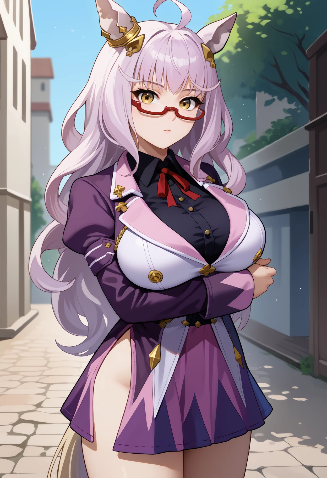 score_9, score_8_up, score_7_up, source_anime, solo, 1girl, biwa hayahide, horse tail, expressionless, looking at you, standing, arm under breasts, ahoge, hair ornament, animal ears, ear ornament, glasses, semi-rimless eyewear, purple jacket, long sleeves, puffy sleeves, black shirt, collared shirt, neck ribbon, red ribbon, purple skirt, hip vent, large breasts, outdoors <segment:yolo-face_yolov8m.pt,0.4,0.5>