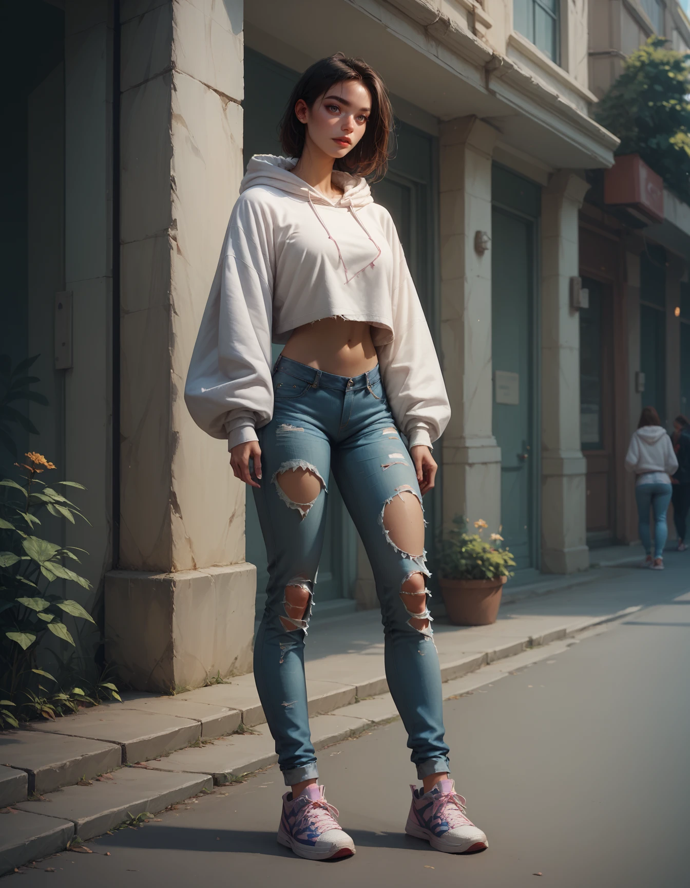 score_9, score_8_up, score_7_up, score_6_up, score_5_up, 1 girl, Jed-cslstwr, Casual Streetwear,  Oversized white hoodie, ripped jeans, sneakers, bare midriff, outdoor,    <lora:CasualStreetwear:0.7>