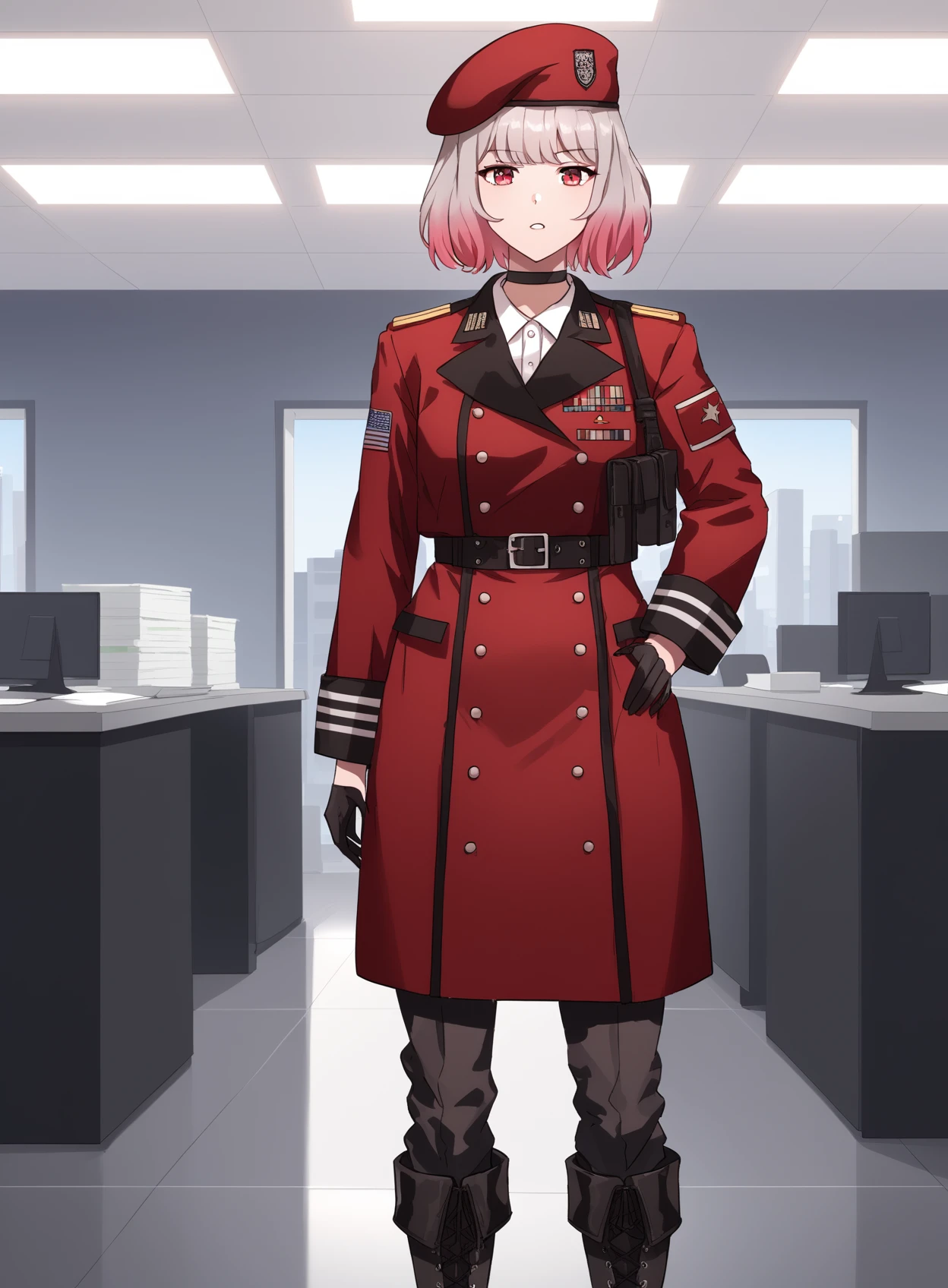 <lora:Gentiane_Girls_FrontlinePONY:1> gentiane, gradient hair, pink and white hair, multicolored hair, short hair, bangs, red eyes, red military uniform, long coat, beret with pin, choker, choker with pendent, griffin & kryuger military uniform, black gloves, black pants, boots, office building, score_9, score_8_up, score_7_up, masterpiece, high quality, 8K