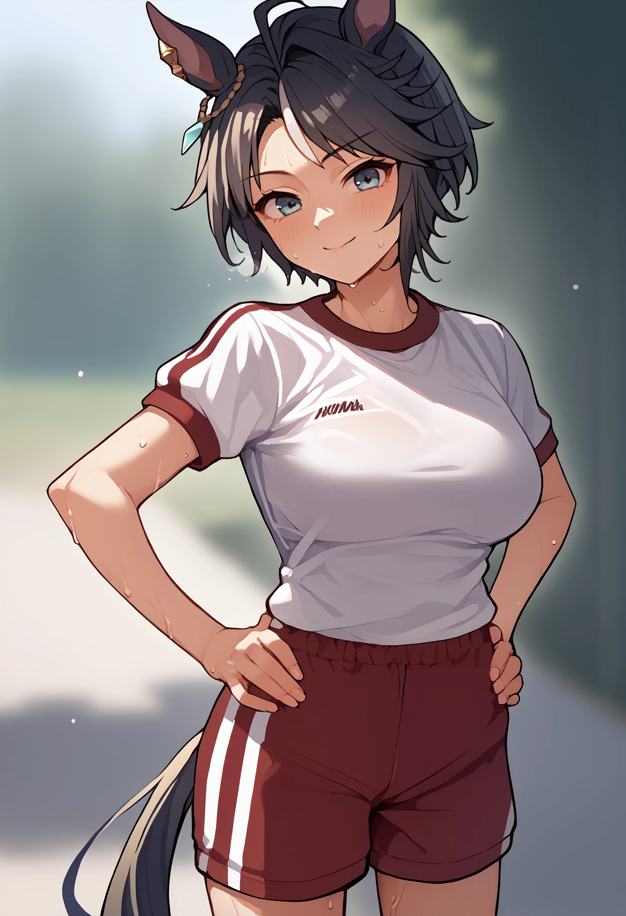 score_9, score_8_up, score_7_up, score_6_up, source_anime, solo, 1girl, fuji kiseki, horse tail, sweat, smile, looking at you, standing, hands on own hips, ahoge, horse ears, ear ornament, ear piercing, gym uniform, white shirt, short sleeves, red shorts, large breasts, outdoors <segment:yolo-face_yolov8m.pt,0.4,0.5>