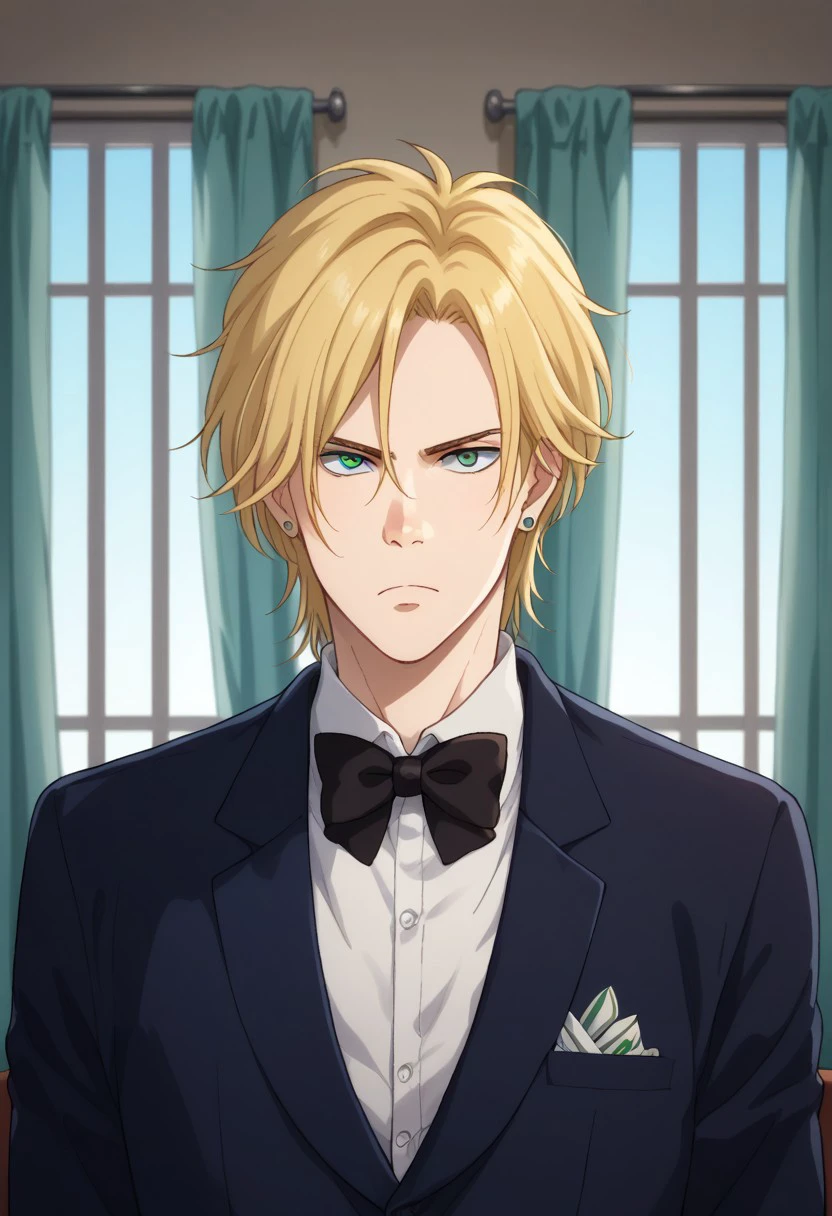 score_9, score_8_up, score_7_up, source_anime, highly detailed, 
ashlynx, 1boy, blonde hair, male focus, solo, jewelry, earrings, bowtie, black bowtie,
bow, formal, green eyes, suit, looking at viewer, upper body, shirt, white shirt slender, skinny, frown
indoor, window, curtains,