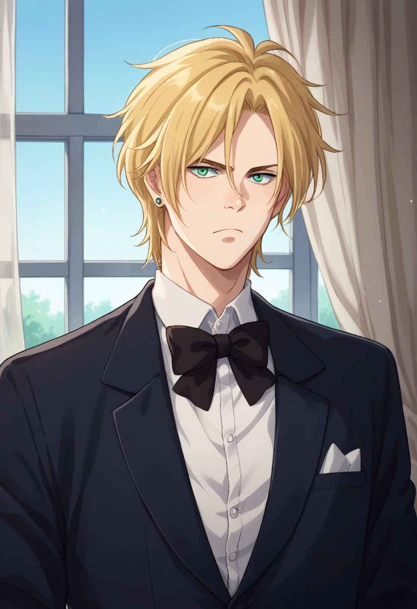 score_9, score_8_up, score_7_up, source_anime, highly detailed, 
ashlynx, 1boy, blonde hair, male focus, solo, jewelry, earrings, bowtie, black bowtie,
bow, formal, green eyes, suit, looking at viewer, upper body, shirt, white shirt slender, skinny, frown, combed back hair
indoor, window, curtains,