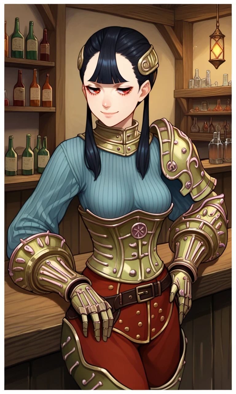 head rest,from side,ahegao,<lora:megV1:0.7>,meg, small eyes,armor, double bun, shoulder armor, breastplate, gloves, pauldrons, faulds, gauntlets, armored boots, greaves, belt, looking at viewer,plump,vambraces, pants, indoors,supermarket,(masterpiece, best quality, ultra-detailed, best shadow)