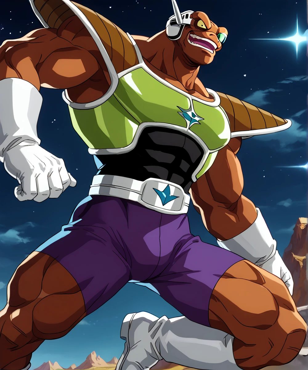 score_9, score_8_up, score_7_up,
<lora:Neiz_(Dragonball_Z)_(Pony)_(AD):1> Neiz, muscles, muscular, purple skin tight bodysuit, light green chest armor, white gloves, white boots, Dragonball Z, single lensed scouting device, brown skin, male focus, 1boy, armor, <lora:dbsuper_style_offset:1>
8K, In'ei, hiaroscuro, anime style, 8K CGI anime, depth of field, rim lighting,
perfect hands, perfect proportions, powerful sexy muscular body, long body, 
alien planet, frozen wasteland, black night sky, dark black sky, dead ice planet with monumentally tall mountains, anime style dark background, evil villain, indomitable, extreme perspective, powerful and mighty warrior, skin tight faux leather purple bodysuit, brown skin, brown body, light green glistening chest armor, single lensed scouter covering one eye with a single form clear green lens, elite warrior, Cooler corps member, genetically enhanced super soldier, supervillain, flawless unbeatable fighter,  ((captain of the Cooler Force, cape, )), 
BREAK zPDXL, zPDXLxxx,