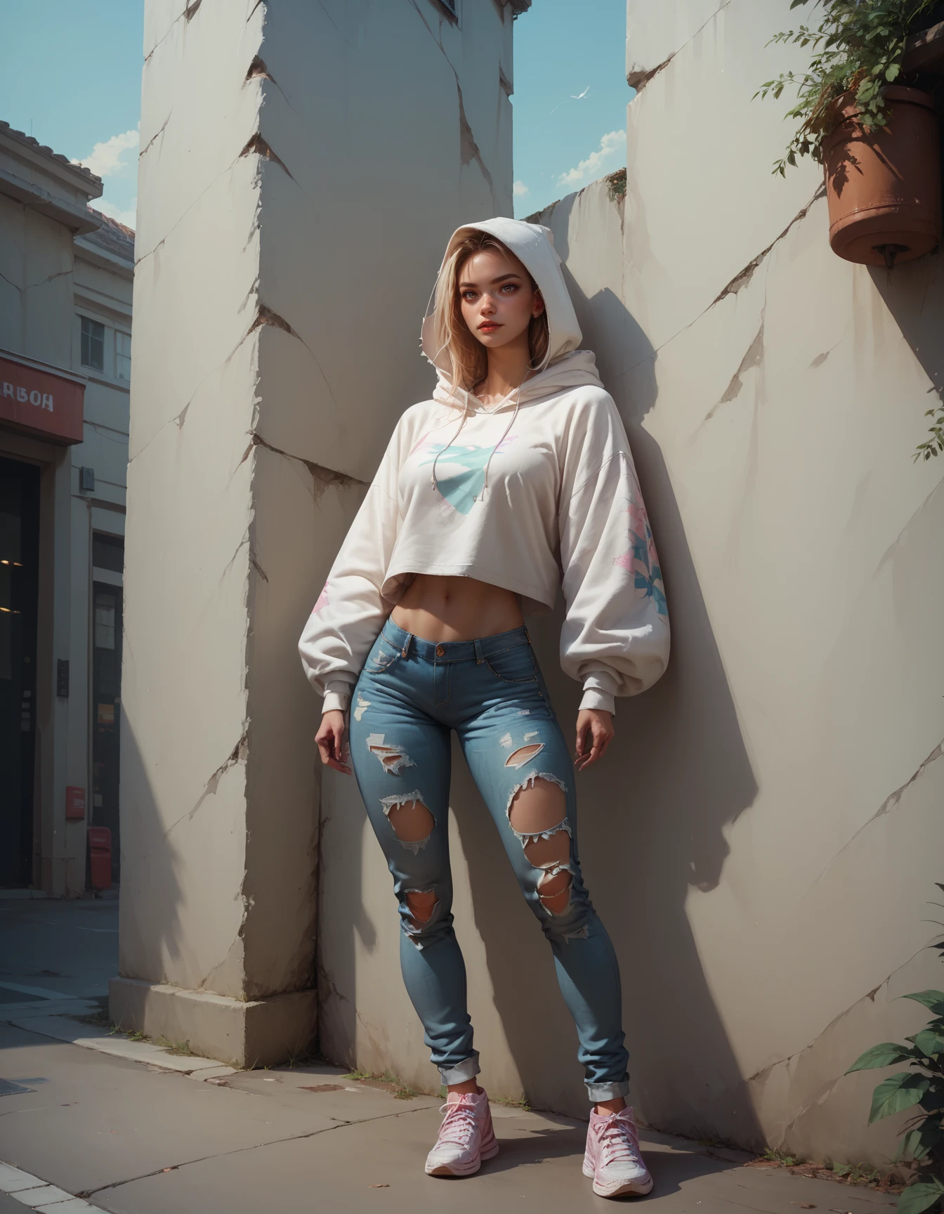 score_9, score_8_up, score_7_up, score_6_up, score_5_up, 1 girl, Jed-cslstwr, Casual Streetwear,  Oversized white hoodie, ripped jeans, sneakers, bare midriff, outdoor,    <lora:CasualStreetwear:0.7>