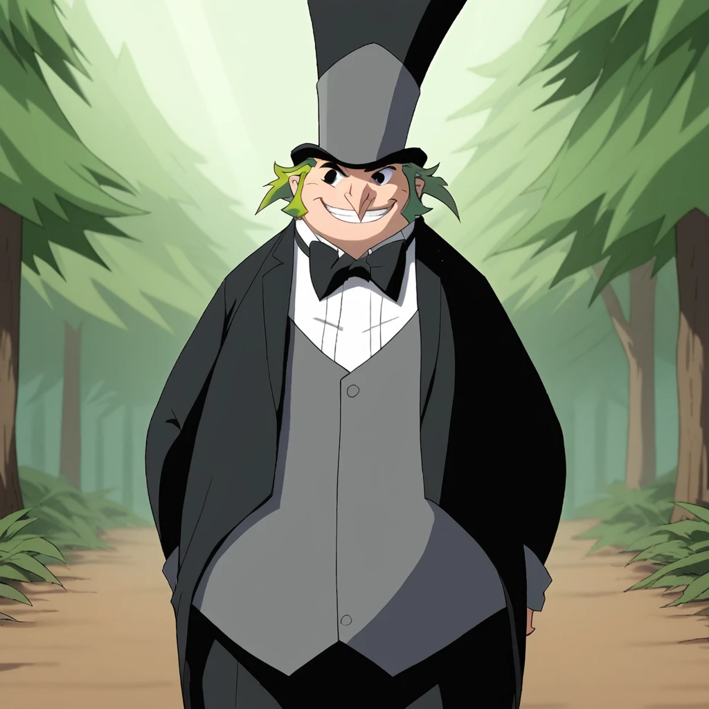 score_8_up, BREAK, 1boy, solo, oswaldcobblepot, green hair, black eyes, pointy nose, fat, monocle, opaque monocle, white shirt, grey vest, black suit, bowtie, top hat, cowboy shot,  <lora:OswaldCobblepot_TVSerie_PXL_Leaf1:1>, arms at sides, outdoors, forest, grin,