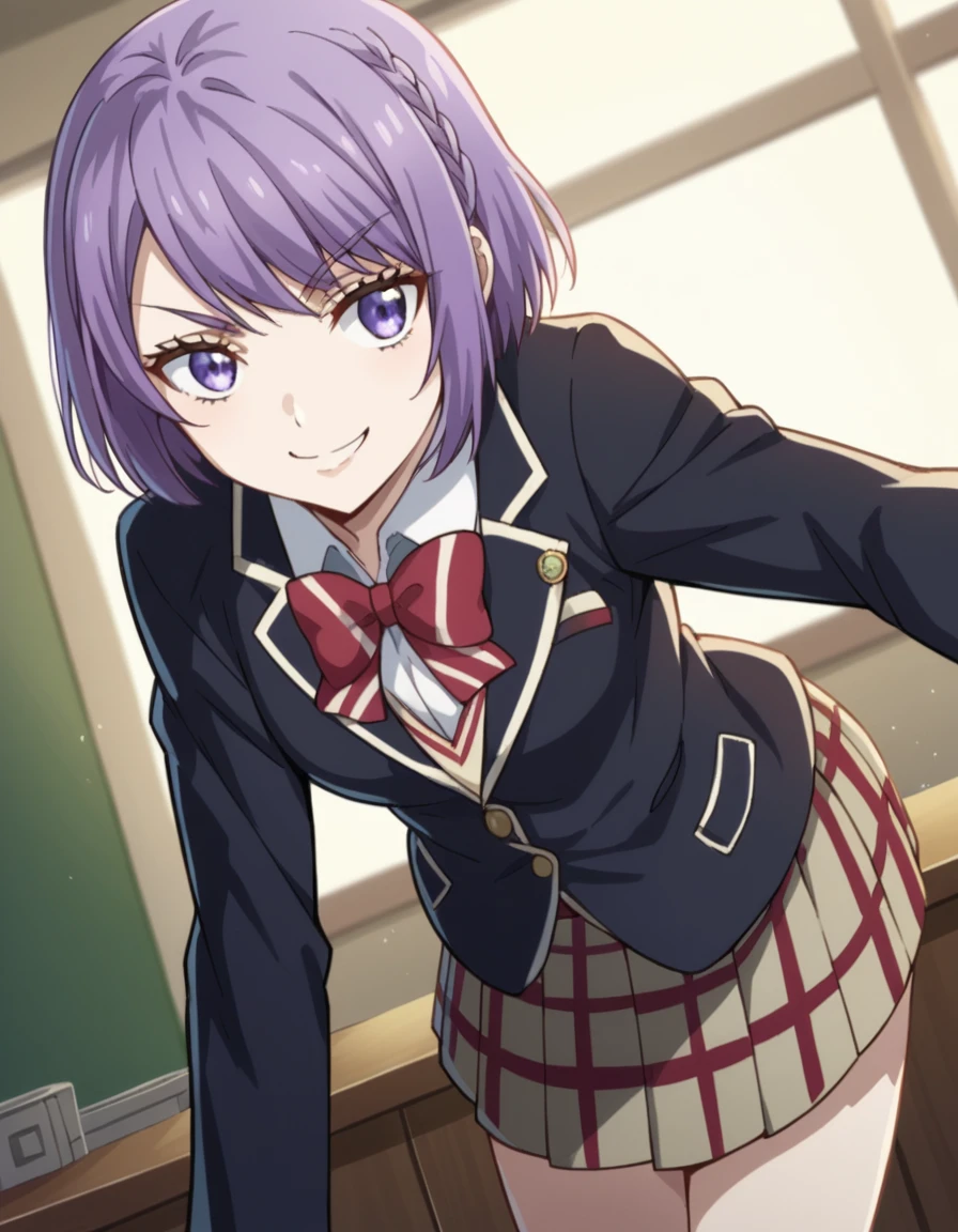 score_9, score_8_up, score_7_up, source_anime, <lora:nene-odagiri-s1-ponyxl-lora-nochekaiser:1>, nene odagiri, short hair, purple eyes, purple hair, braid,, skirt, bow, school uniform, jacket, pleated skirt, plaid, plaid skirt, blazer,, indoors, bent over, smile, smug, looking at viewer, solo,, cowboy shot, dutch angle