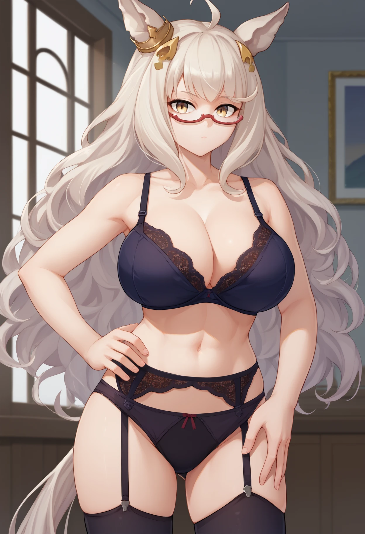 score_9, score_8_up, score_7_up, source_anime, solo, 1girl, biwa hayahide, horse tail, expressionless, looking at you, standing, hand on own hip, ahoge, hair ornament, animal ears, ear ornament, glasses, semi-rimless eyewear, black bra, black panties, black thighhighs, garter belt, cleavage, large breasts, indoors, bedroom
<segment:yolo-face_yolov8m.pt,0.35,0.5>