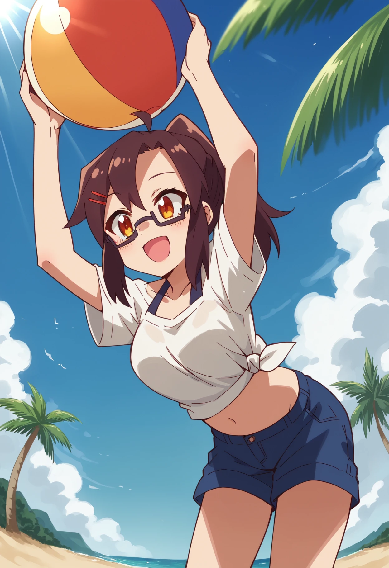 score_9, score_8_up, score_7_up, source_anime BREAK
1girl, solo, beach, standing, arms up, holding beachball, open mouth, smile, :d, cowboy shot, summer, sun, light rays, from below, leaning forward
koenji, glasses, red hairclip, high ponytail
white t-shirt, side-tie shirt, blue shorts, blue halterneck, midriff
<lora:Koenji-750:1>