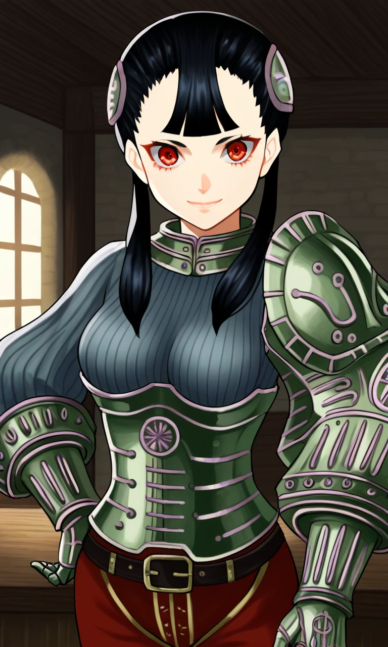 score_9, 1girl, solo, smile, Ashei, armored collar, armored corset, belt, black hair, blunt bangs, boots, gauntlets, hair ornament, long hair, single pauldron, red eyes, red pants, grey ribbed sweater, shoulder armor, jitome, twintails, vambraces, long eyelashes, half-closed_eyes, indoors, medieval tavern interior 