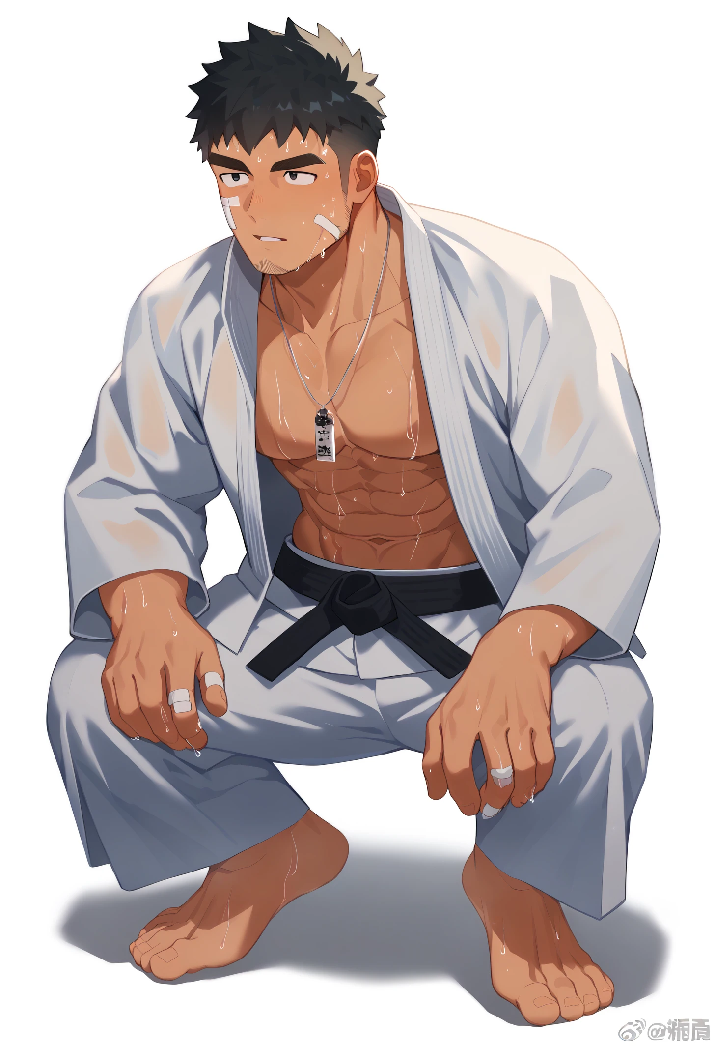 1boy, solo, bara, muscular male, male focus, full body,
judo, judo uniform, (belt, black belt:0.8), open jacket, abs, navel, bandaid on face, bandaid on hand, squatting, simple necklace,
black hair, black eyes, sideburns, beard, very sweaty, parted lips,
simple white background,
best quality, amazing quality, best aesthetic, absurdres, sfw, year 2023,
<lora:judo:1> <lora:hiroki01:0.65> <lora:Nywlub_Style:0.8> <lora:Zhadoiz_Style_v2:0.5>